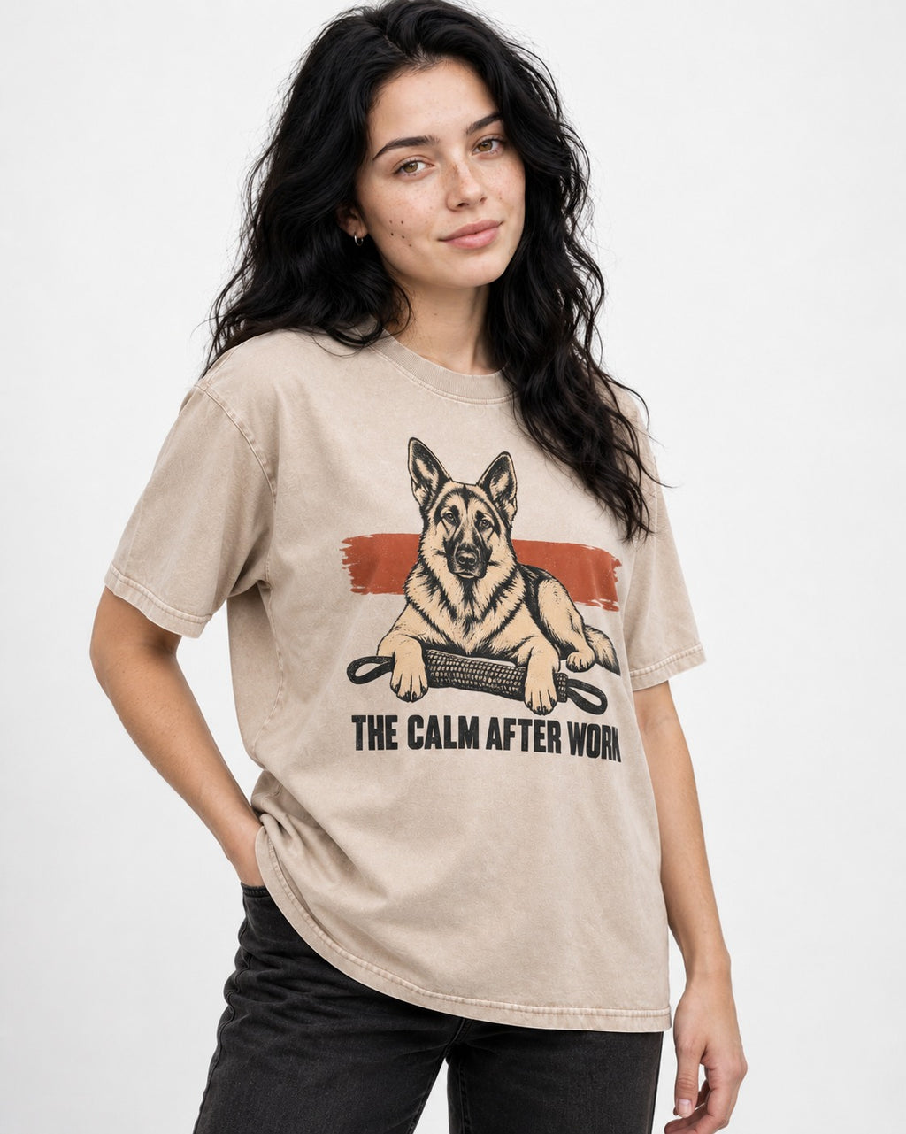 German Shepherd Dog The Calm After Work Washed Tee in Apricot, worn by a model