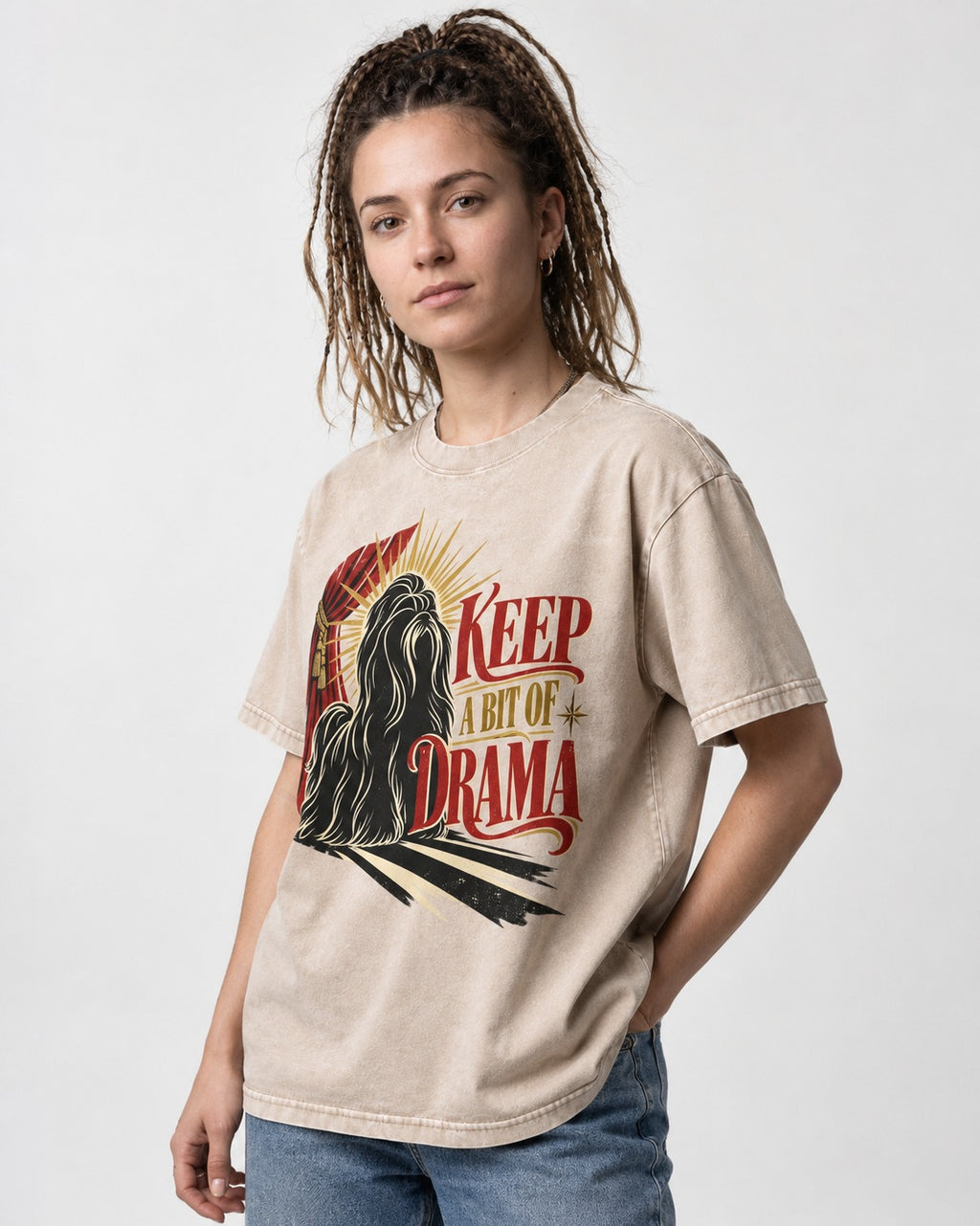 Shih Tzu Keep a Bit of Drama Theater Graphic Washed Tee in Apricot, worn by a model