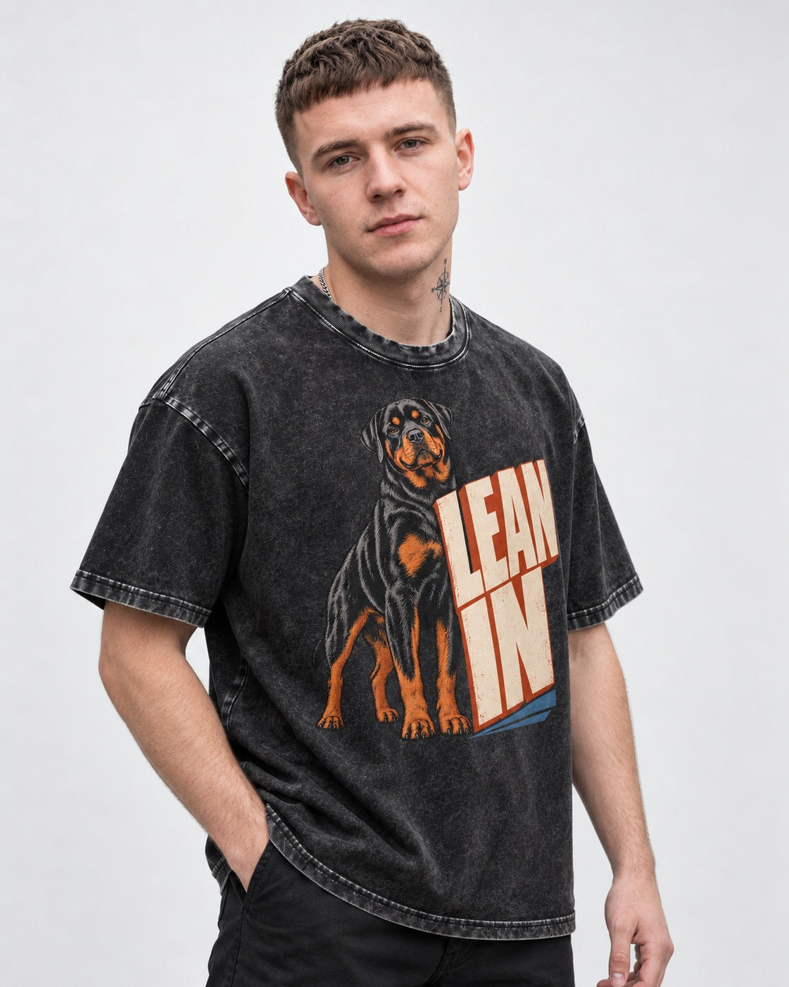 Rottweiler Lean In Block Typography Graphic Washed Tee in Black, worn by a model