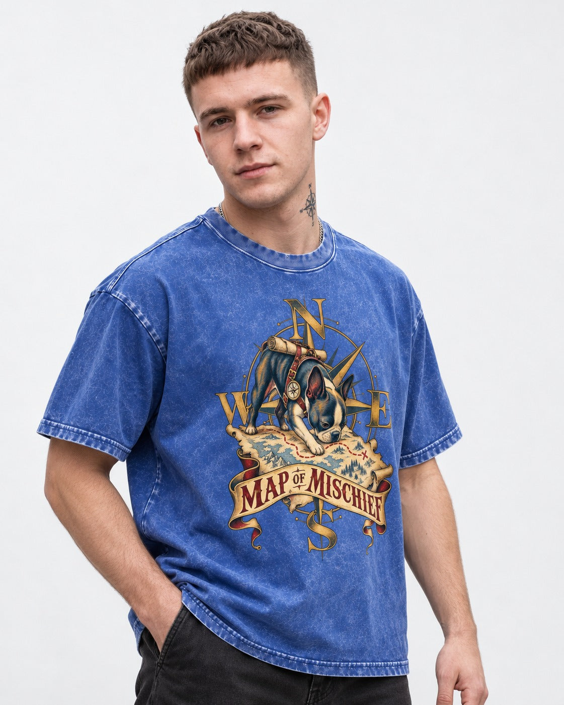 Map of Mischief Boston Terrier Washed Tee in Royal Blue, worn by a model