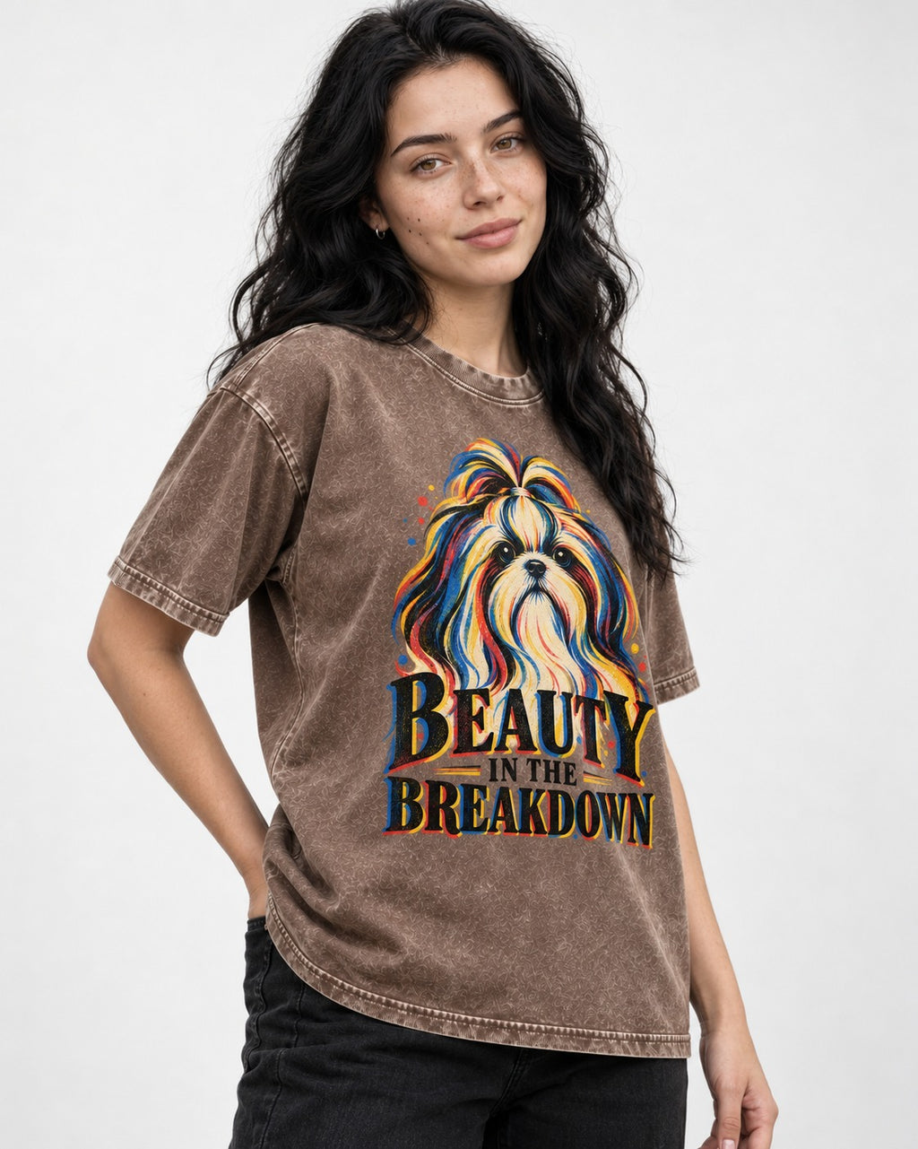 Shih Tzu Beauty in the Breakdown Washed Tee in Coffee, worn by a model