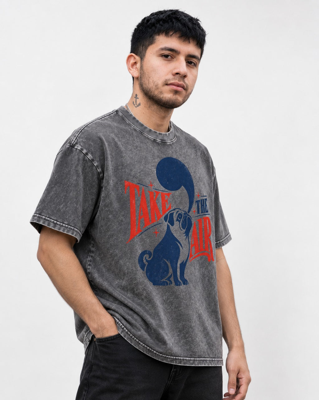 Pug Take the Air Washed Tee in Gray, worn by a model