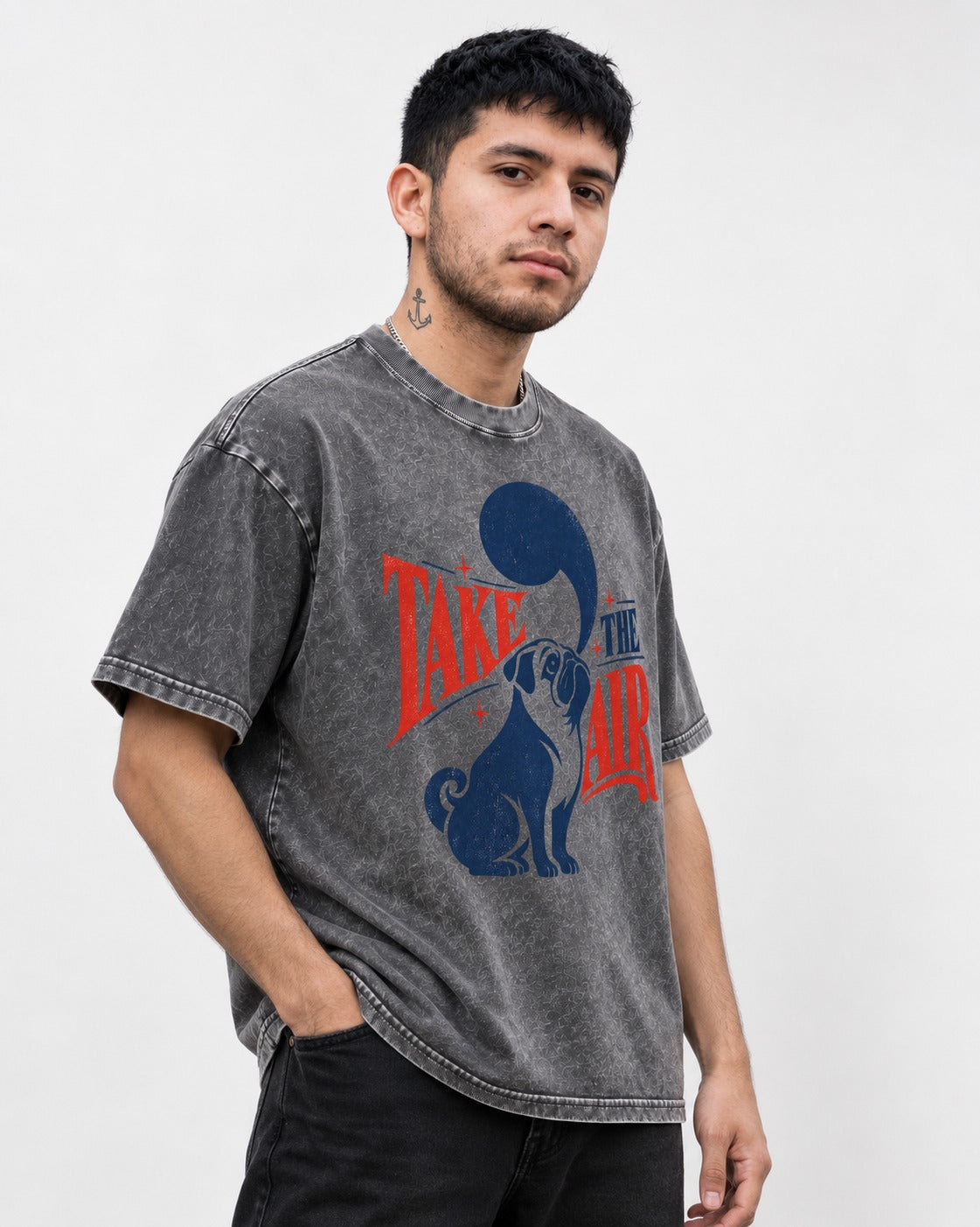 Pug Take the Air Washed Tee in Gray, worn by a model
