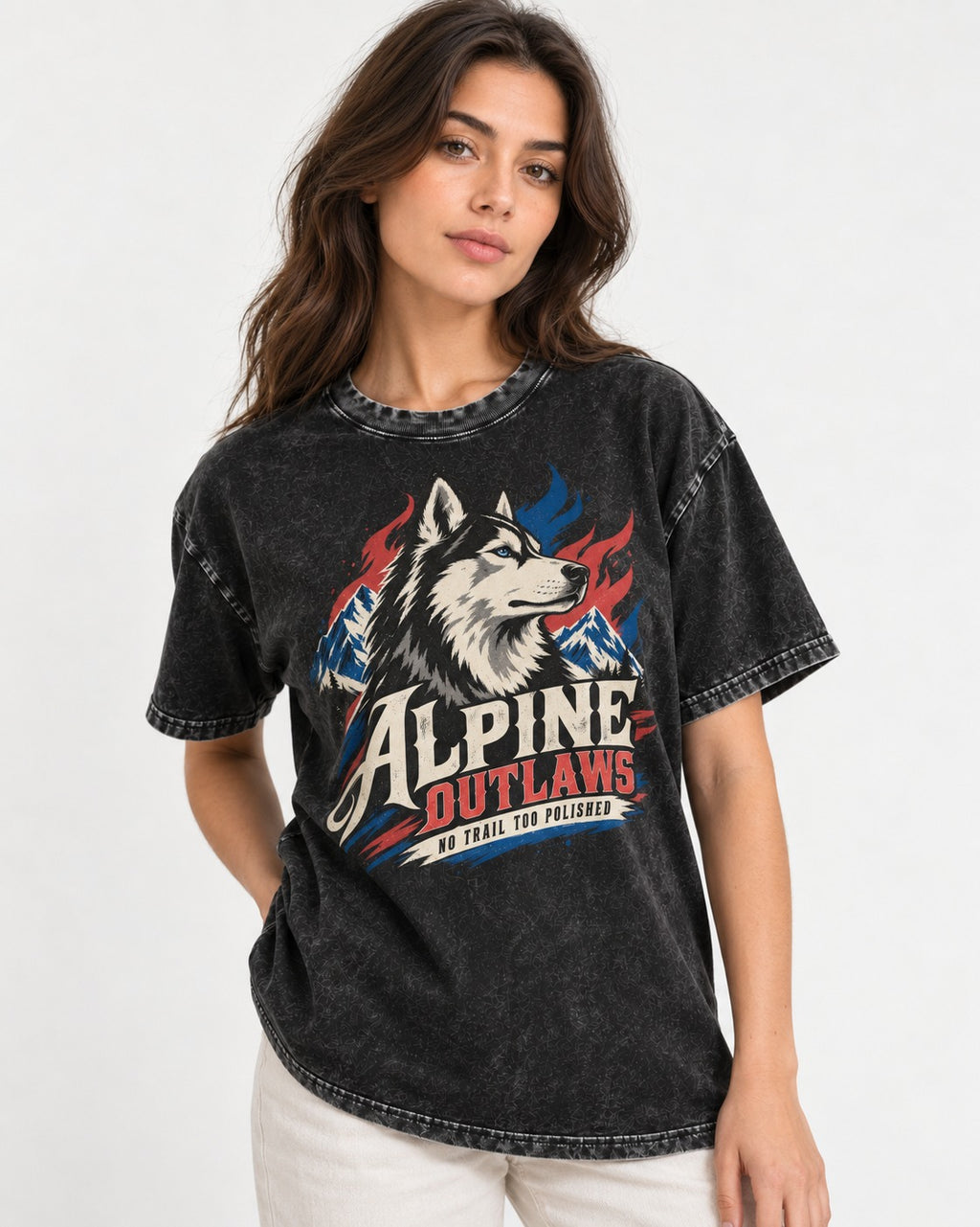 Husky Alpine Outlaws No Trail Too Polished Graphic Washed Tee in Black, worn by a model