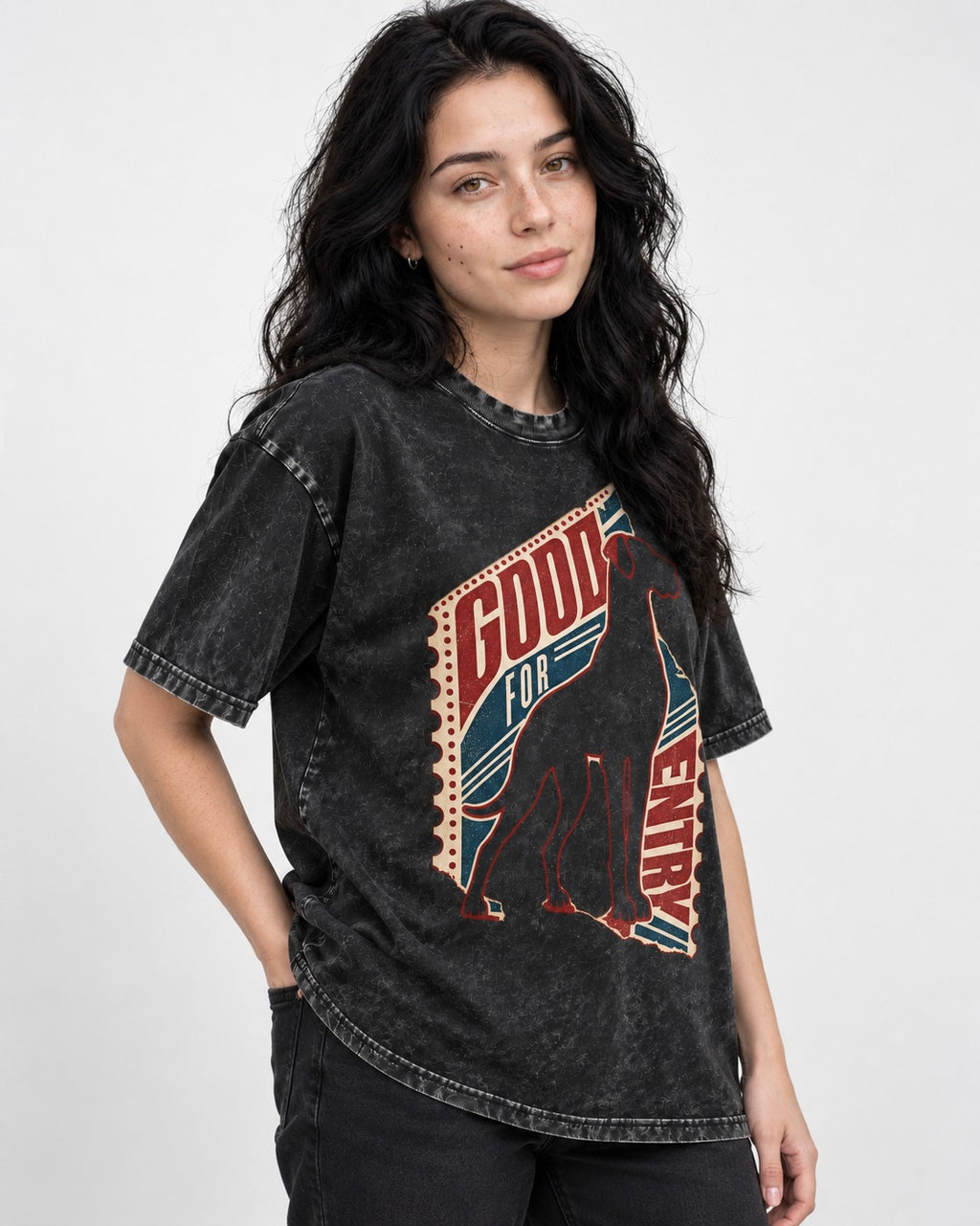 Great Dane Good for Nothing Ticket Cutout Graphic Washed Tee in Black, worn by a model