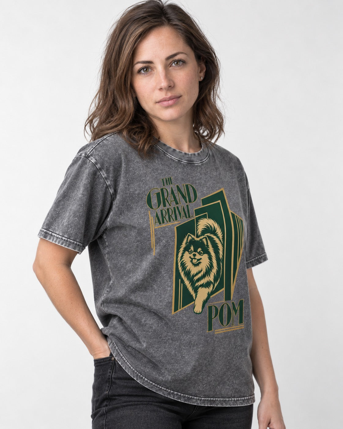 The Grand Arrival Pomeranian Washed Tee in Gray, worn by a model