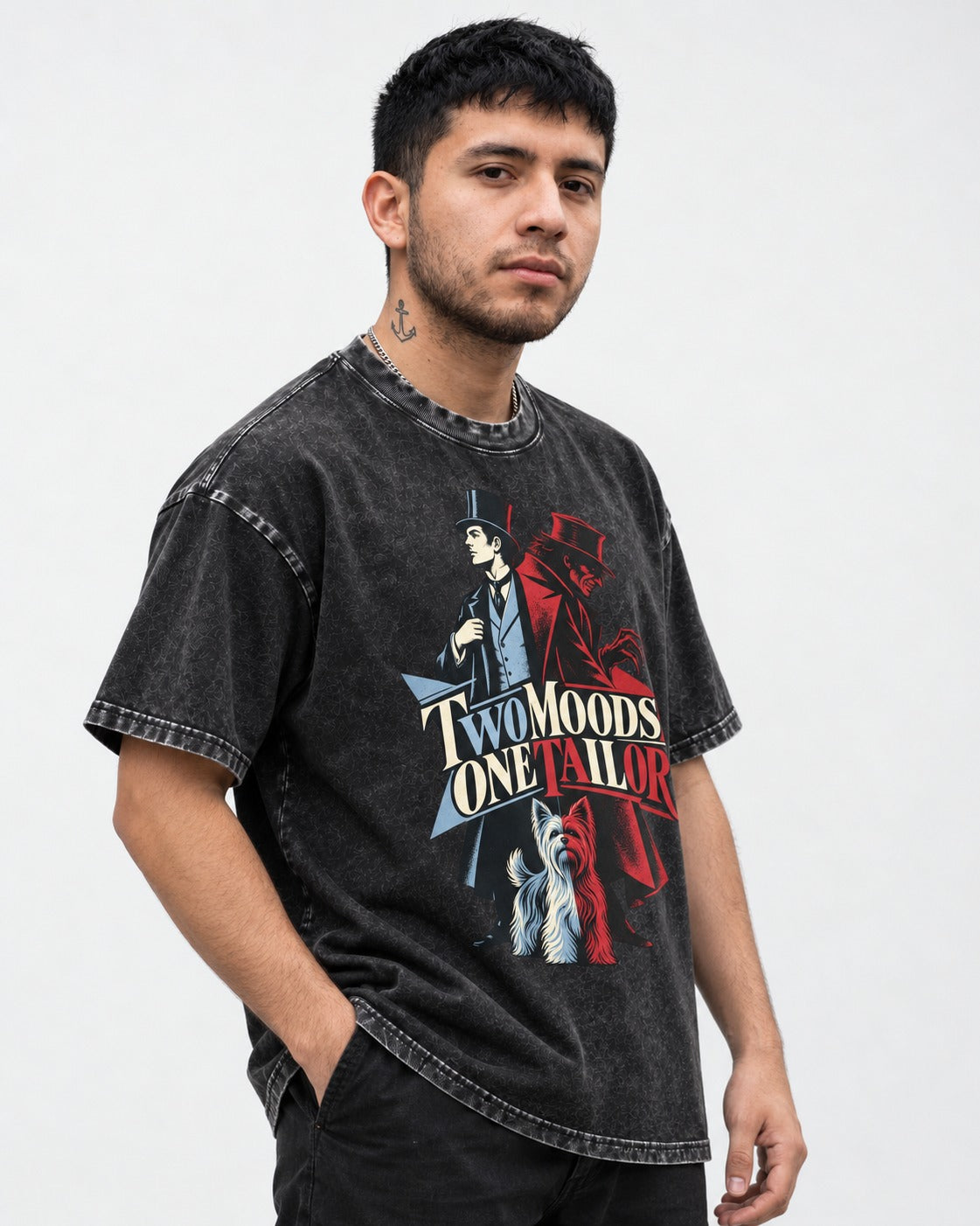 Yorkshire Terrier Two Moods One Tailor Split Persona Graphic Washed Tee in Black, worn by a model