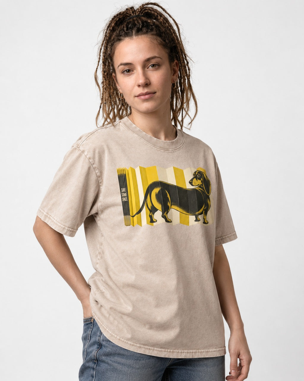Dachshund Save Some Space Accordion Screen Graphic Washed Tee in Apricot, worn by a model