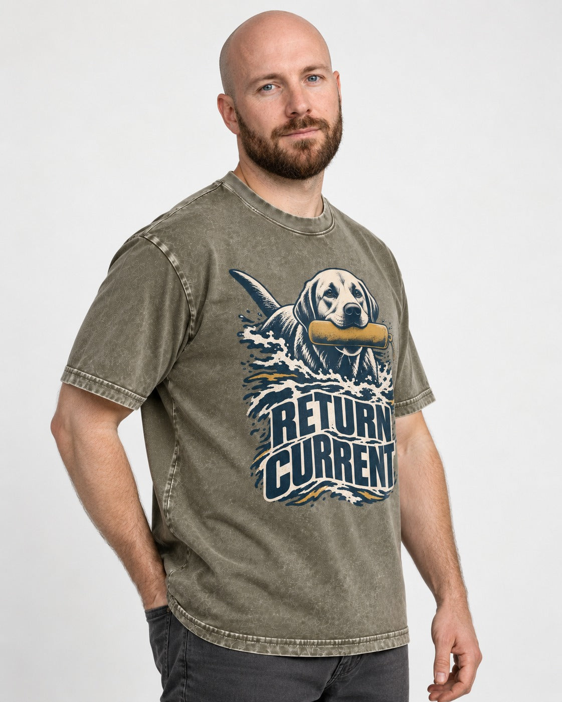 Return Current Water Retrieve Labrador Retriever Graphic Washed Tee in Army Green, worn by a model
