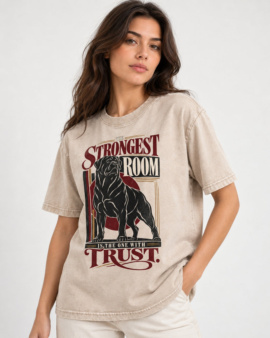 Rottweiler Trust Washed Tee in Apricot, worn by a model