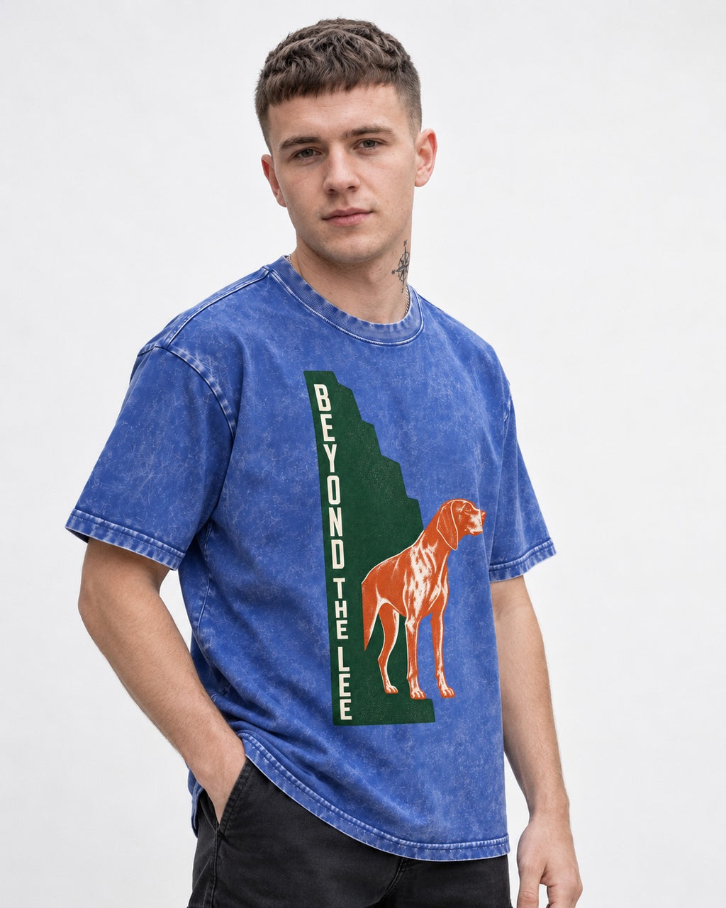 German Shorthaired Pointer Beyond the Lee Monument Graphic Washed Tee in Royal Blue, worn by a model