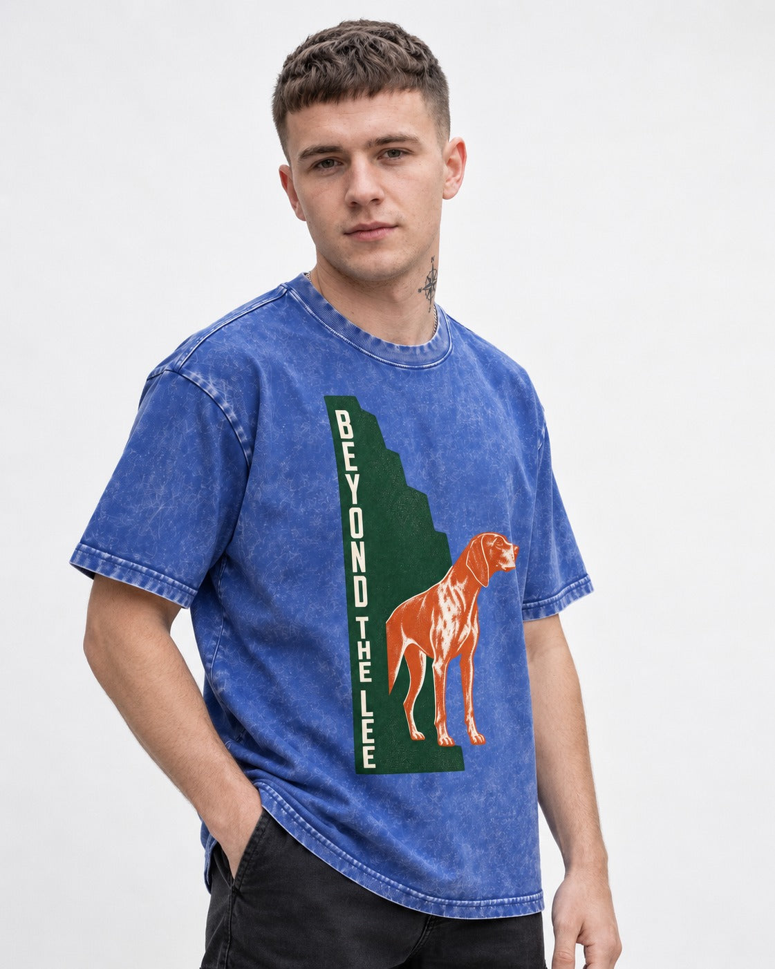 German Shorthaired Pointer Beyond the Lee Monument Graphic Washed Tee in Royal Blue, worn by a model
