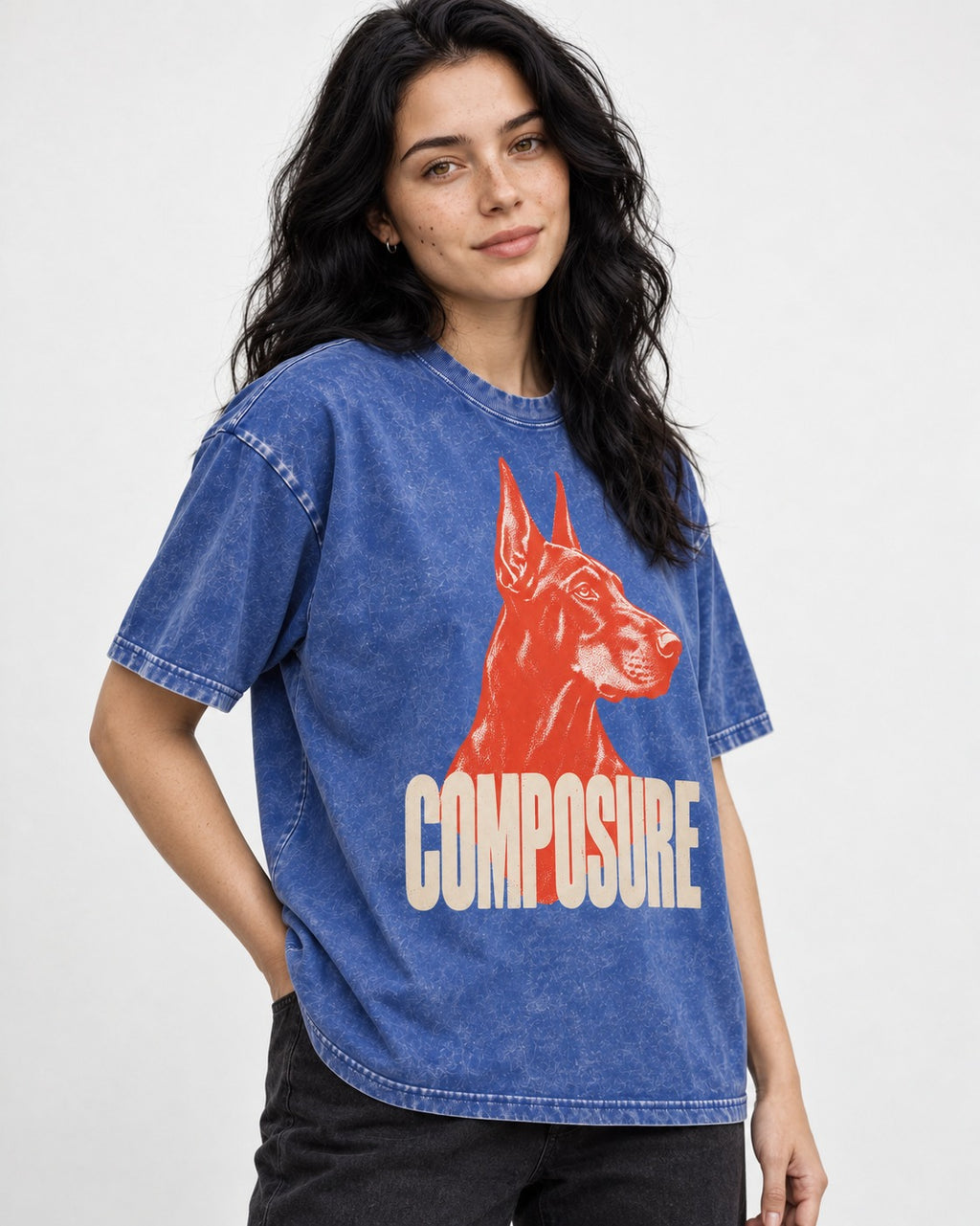 Doberman Composure Portrait Graphic Washed Tee in Royal Blue, worn by a model