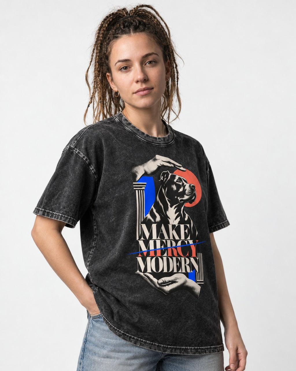 Pitbull Make Mercy Modern Protective Hands Graphic Washed Tee in Black, worn by a model