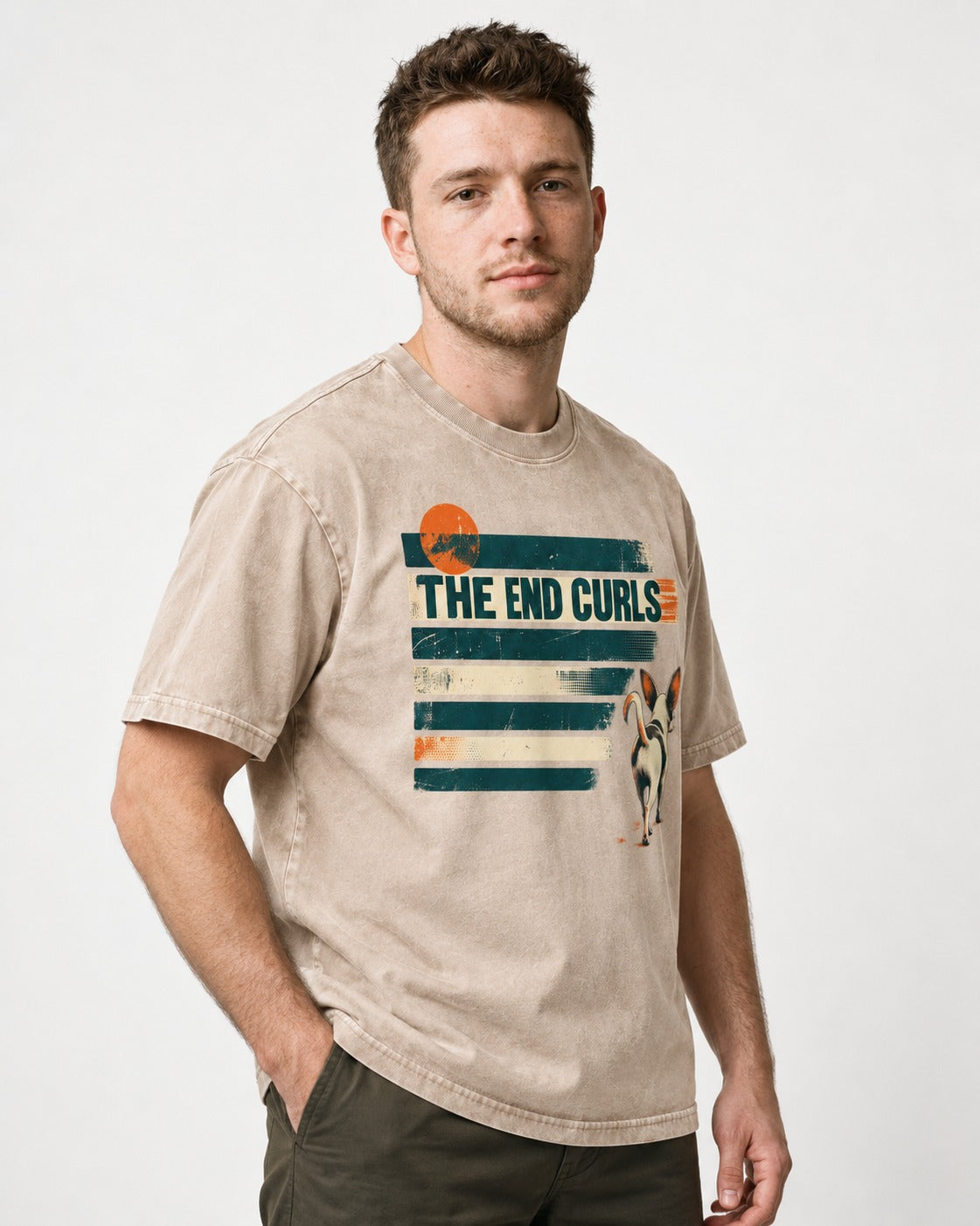 Chihuahua The End Curls Retro Stripe Graphic Washed Tee in Apricot, worn by a model