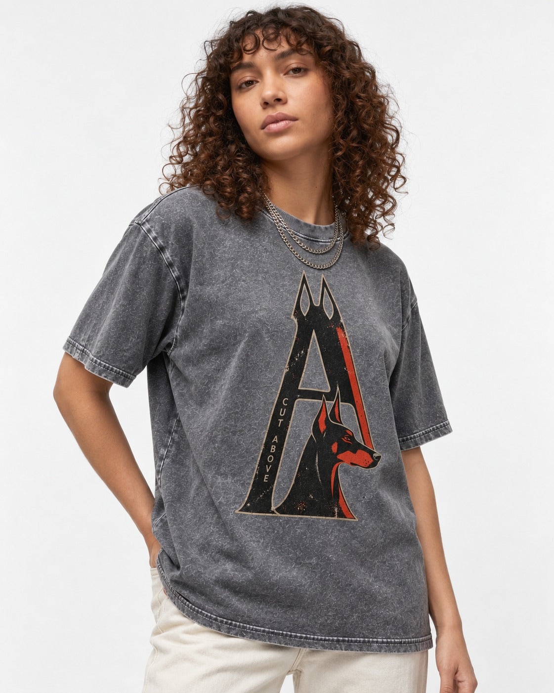 Doberman A Cut Above Washed Tee in Gray, worn by a model