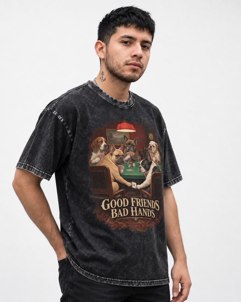 Frenchie Good Friends Bad Hands Poker Graphic Washed Tee in Black, worn by a model