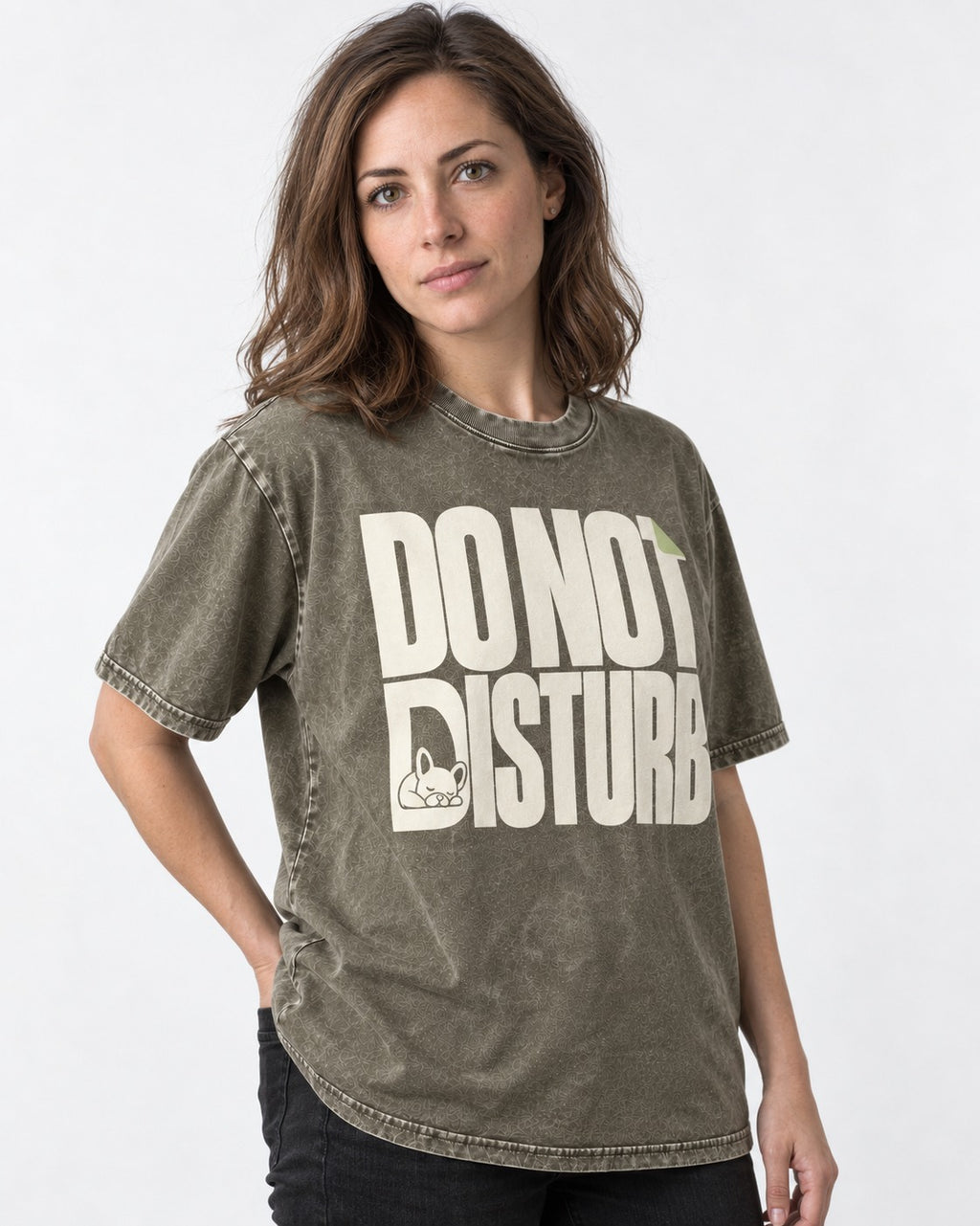Frenchie Do Not Disturb Hidden Sleeping Graphic Washed Tee in Army Green, worn by a model