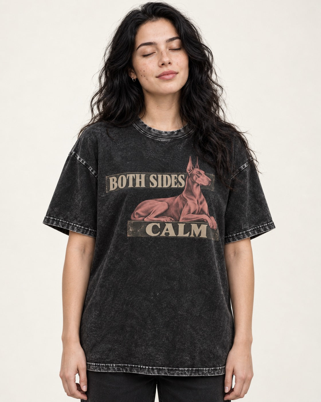 Doberman Both Sides Calm Banner Washed Tee in Black, worn by a model