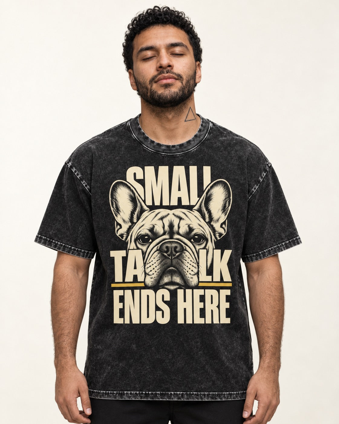 Frenchie Small Talk Ends Here Portrait Graphic Washed Tee in Black, worn by a model