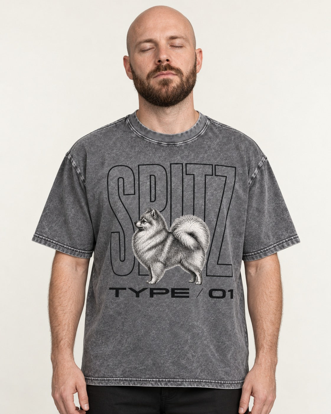 Pomeranian Spitz Washed Tee in Gray, worn by a model