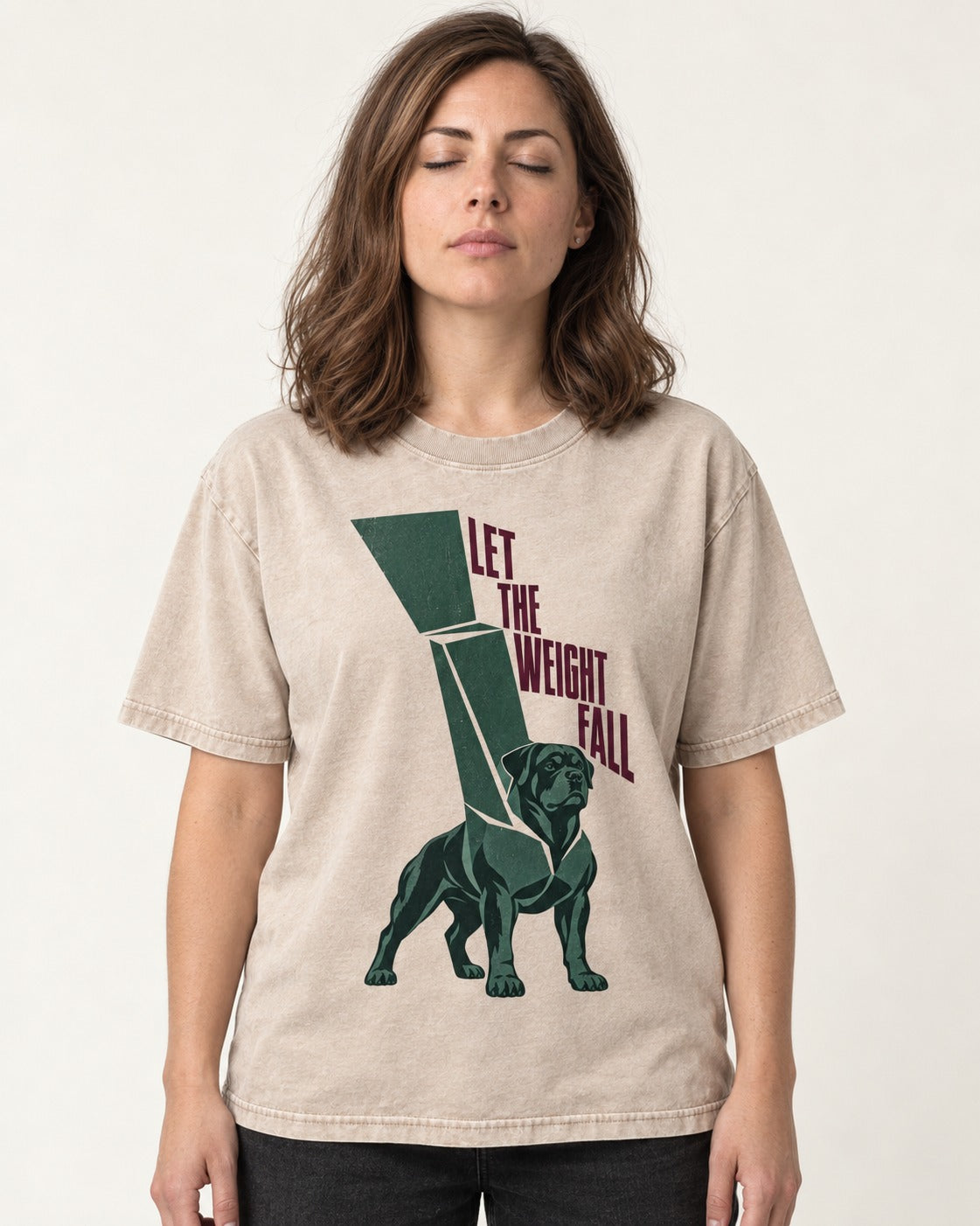Let the Weight Fall Rottweiler Washed Tee in Apricot, worn by a model