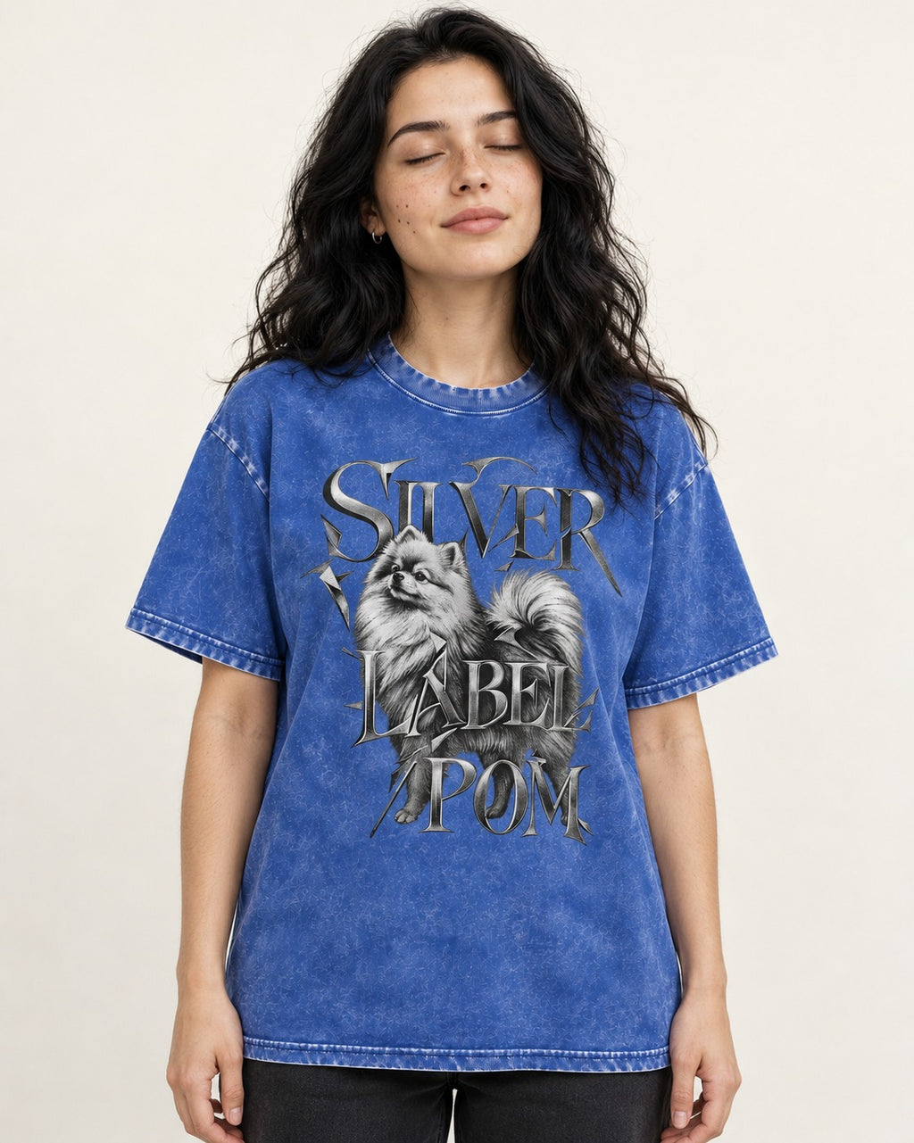 Pomeranian Silver Label Metallic Typography Graphic Washed Tee in Royal Blue, worn by a model