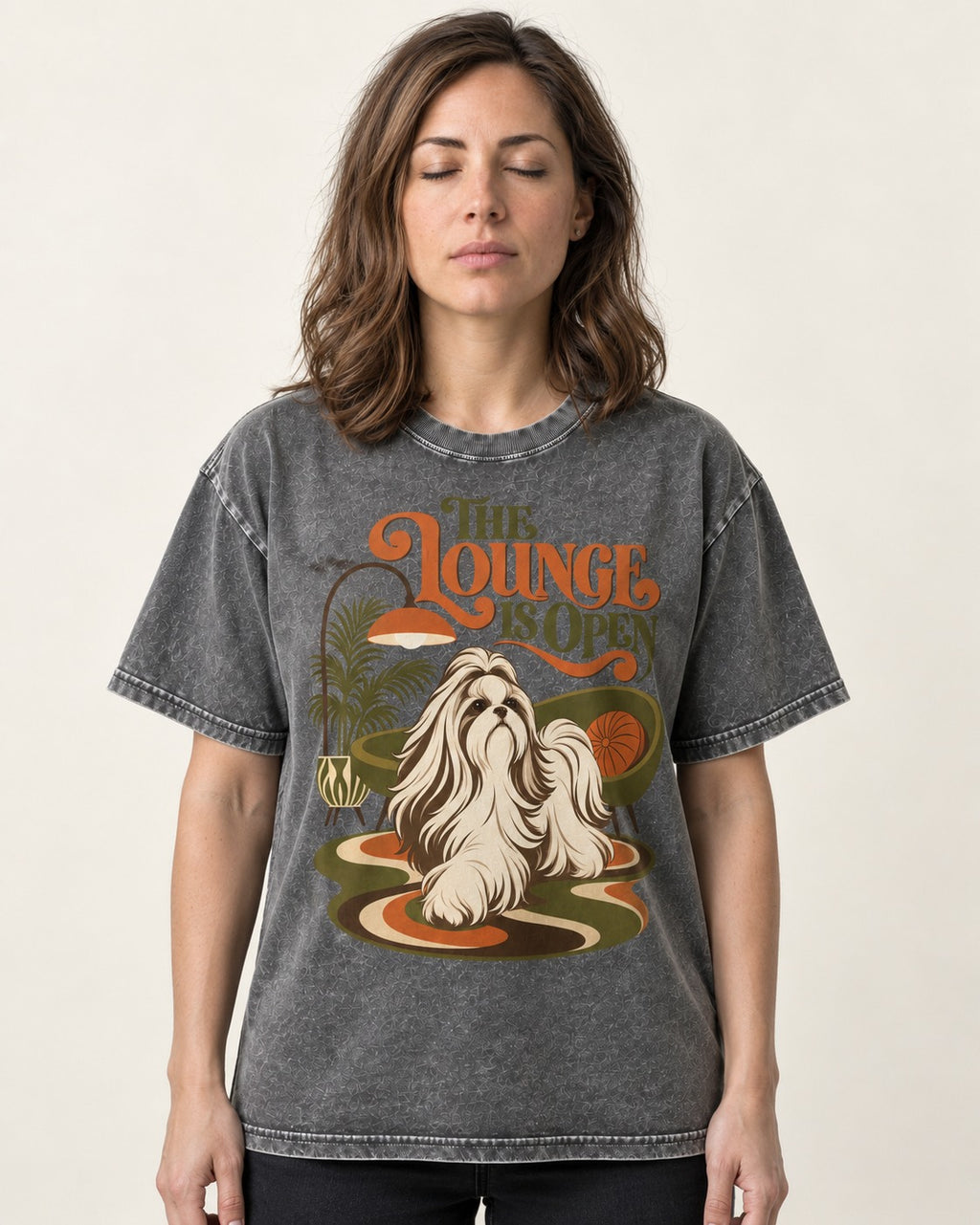 The Shih Tzu Lounge Is Open Washed Tee in Gray, worn by a model