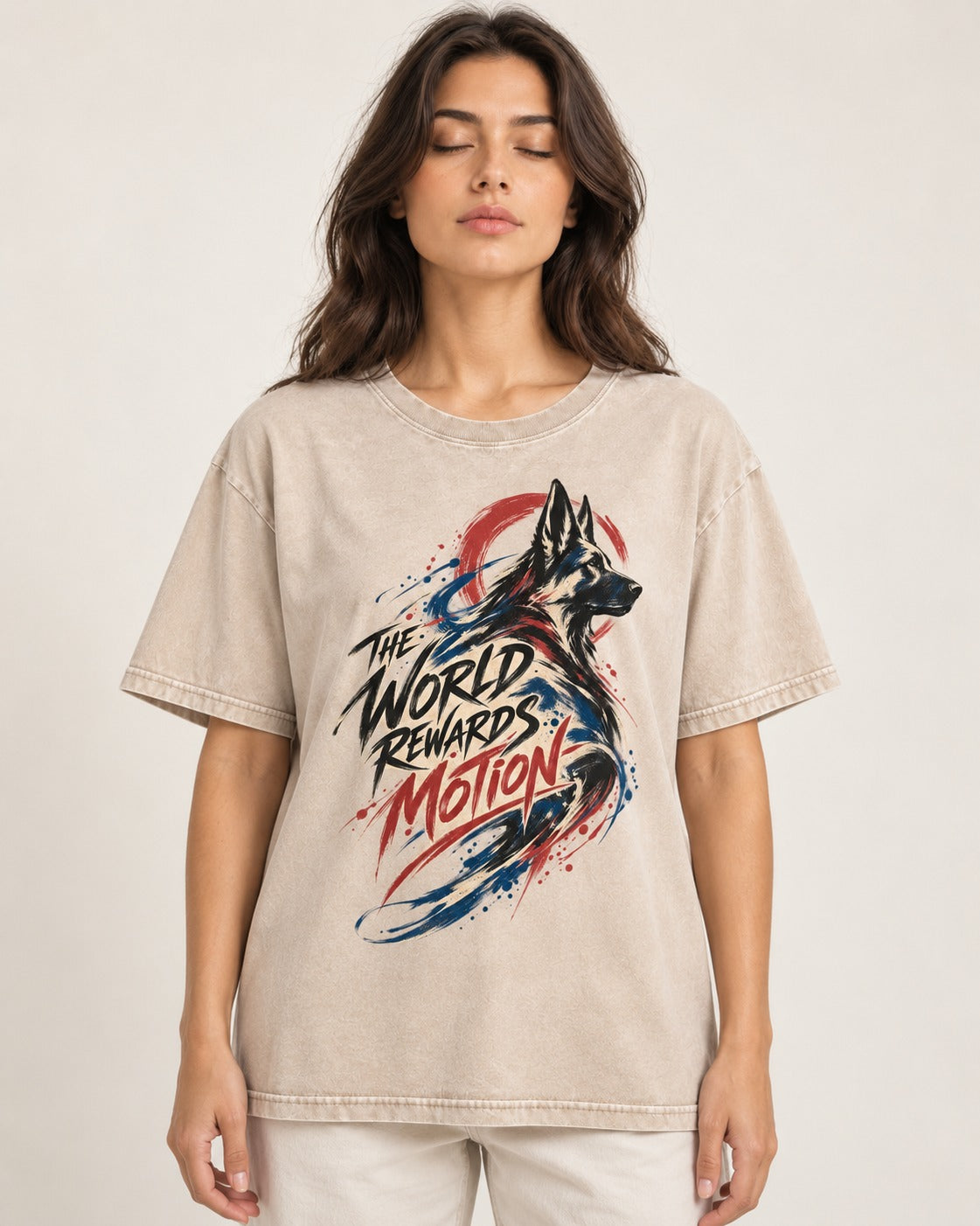 German Shepherd Dog The World Rewards Motion Washed Tee in Apricot, worn by a model