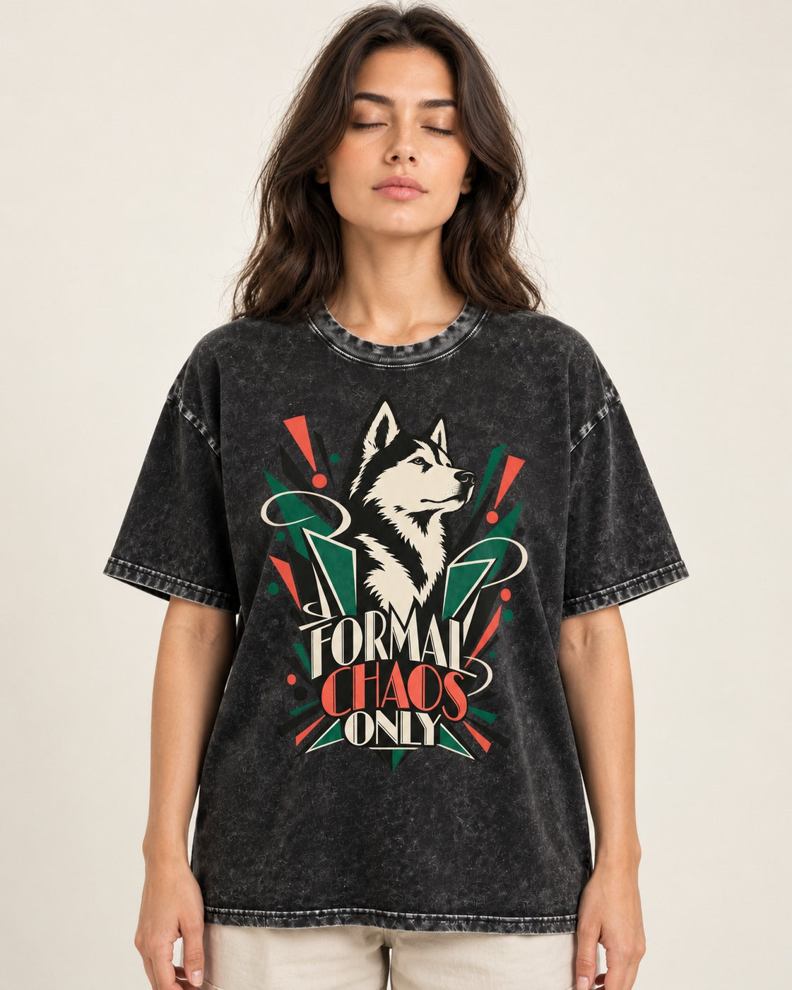 Husky Formal Chaos Only Art Deco Portrait Graphic Washed Tee in Black, worn by a model