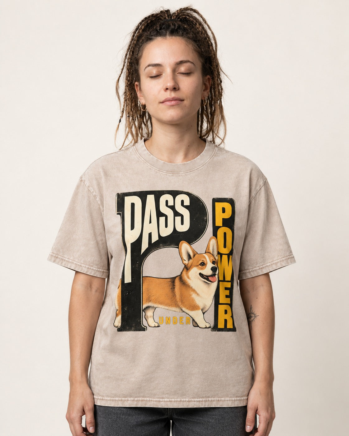 Corgi Power Washed Tee in Apricot, worn by a model