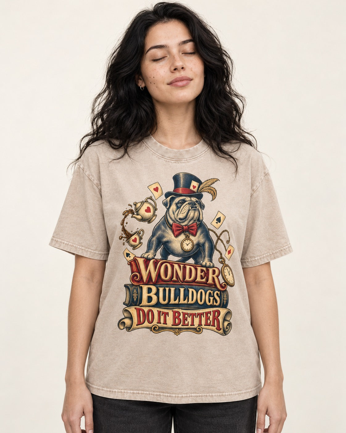 Wonder English Bulldog Washed Tee in Apricot, worn by a model