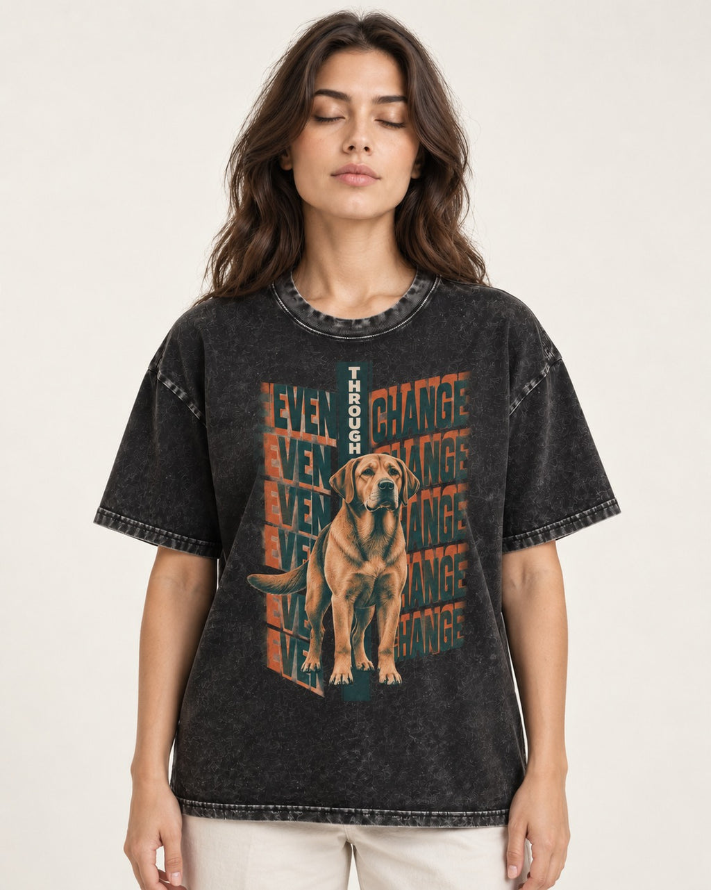 Labrador Retriever Even Through Change Repeated Poster Graphic Washed Tee in Black, worn by a model