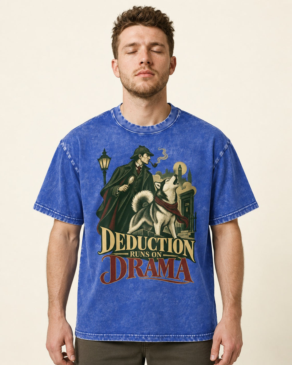 Husky Deduction Runs on Drama Detective Graphic Washed Tee in Royal Blue, worn by a model