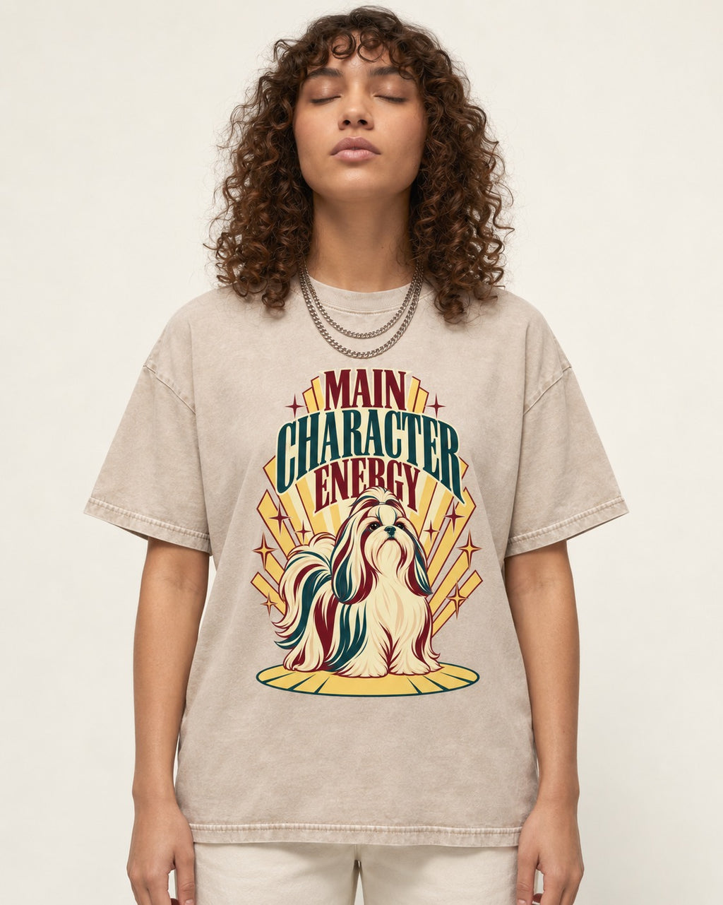 Shih Tzu Main Character Energy Art Deco Graphic Washed Tee in Apricot, worn by a model
