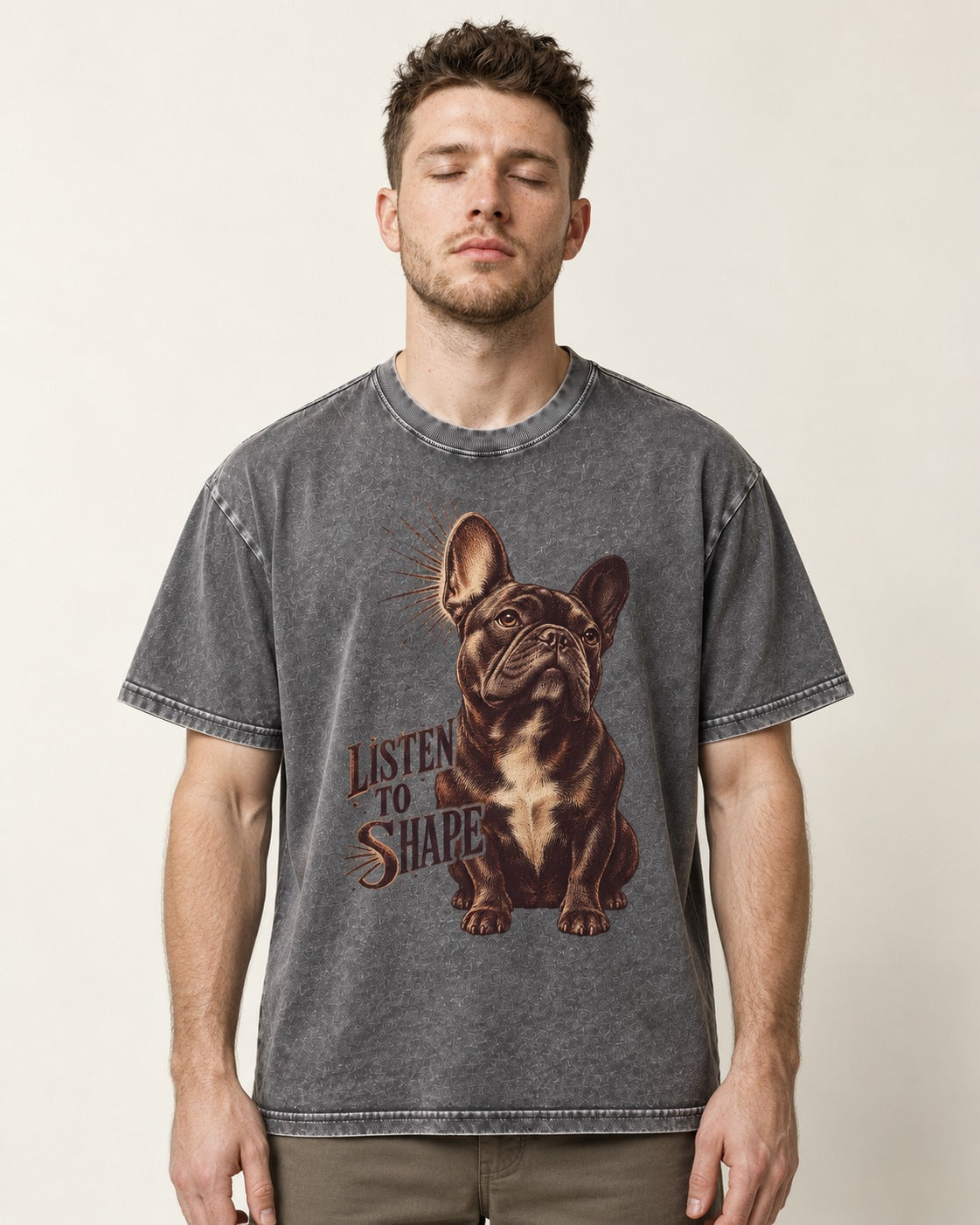 Listen to Shape Frenchie Washed Tee in Gray, worn by a model
