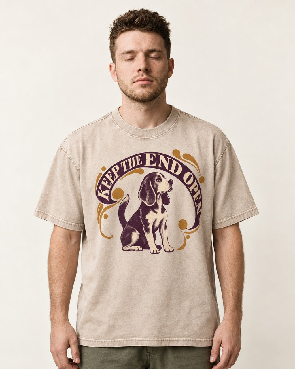 Beagle Keep The End Open Ornamental Graphic Washed Tee in Apricot, worn by a model