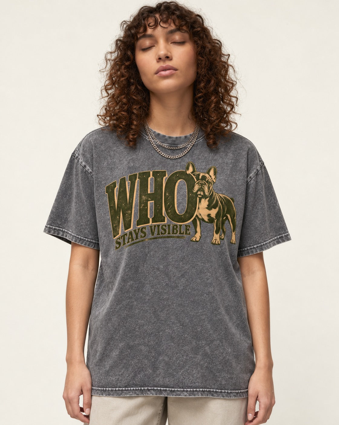 Frenchie Stays Visible Washed Tee in Gray, worn by a model