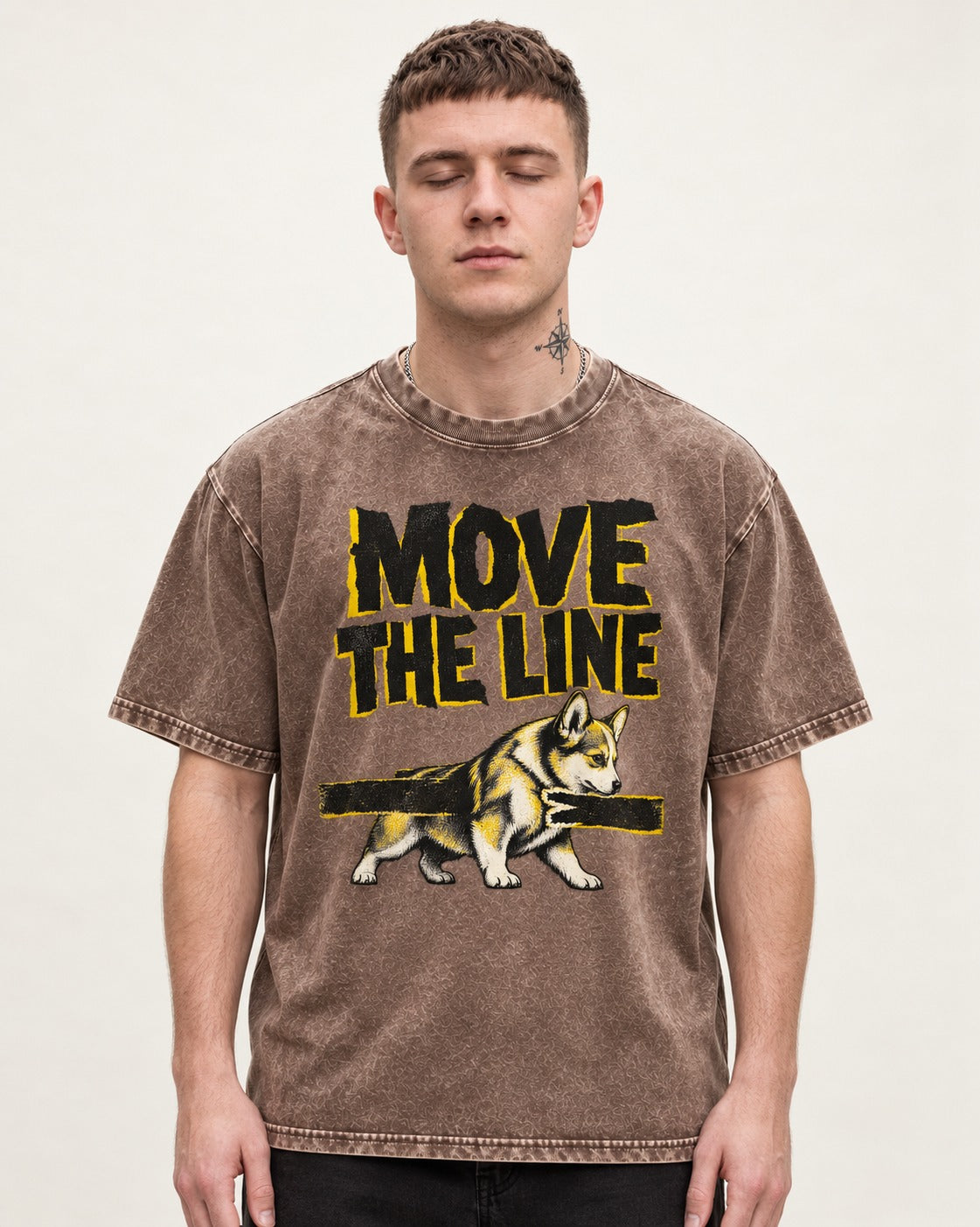 Corgi Move the Line Washed Tee in Coffee, worn by a model