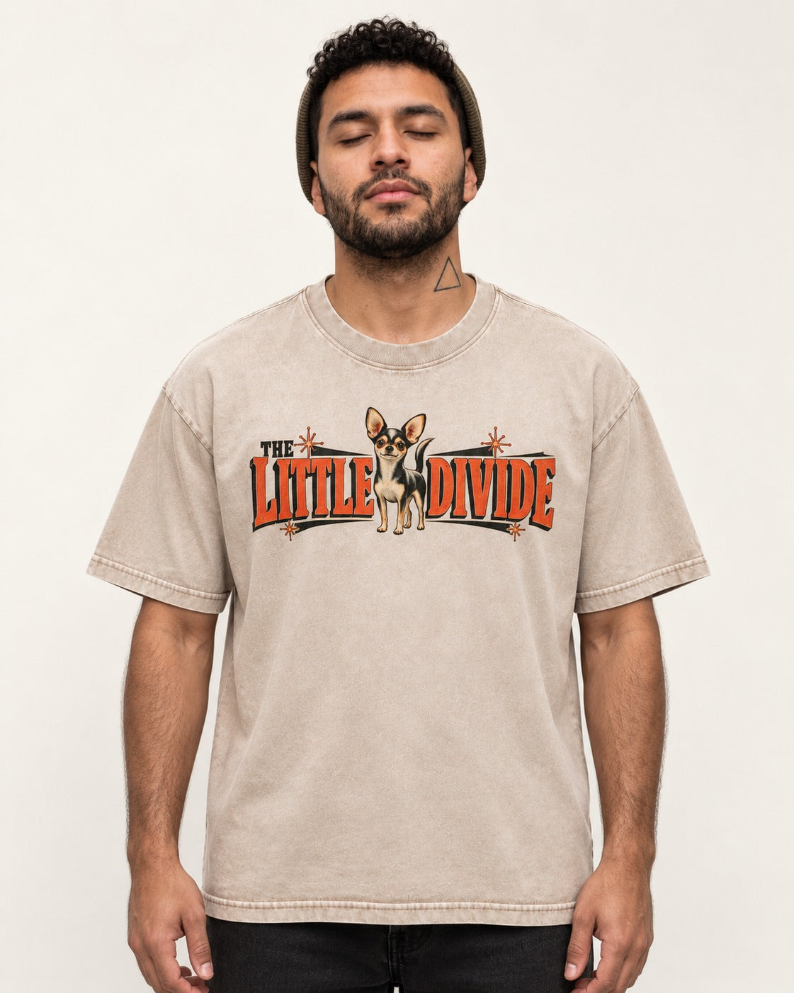 Chihuahua The Little Divide Retro Sign Graphic Washed Tee in Apricot, worn by a model