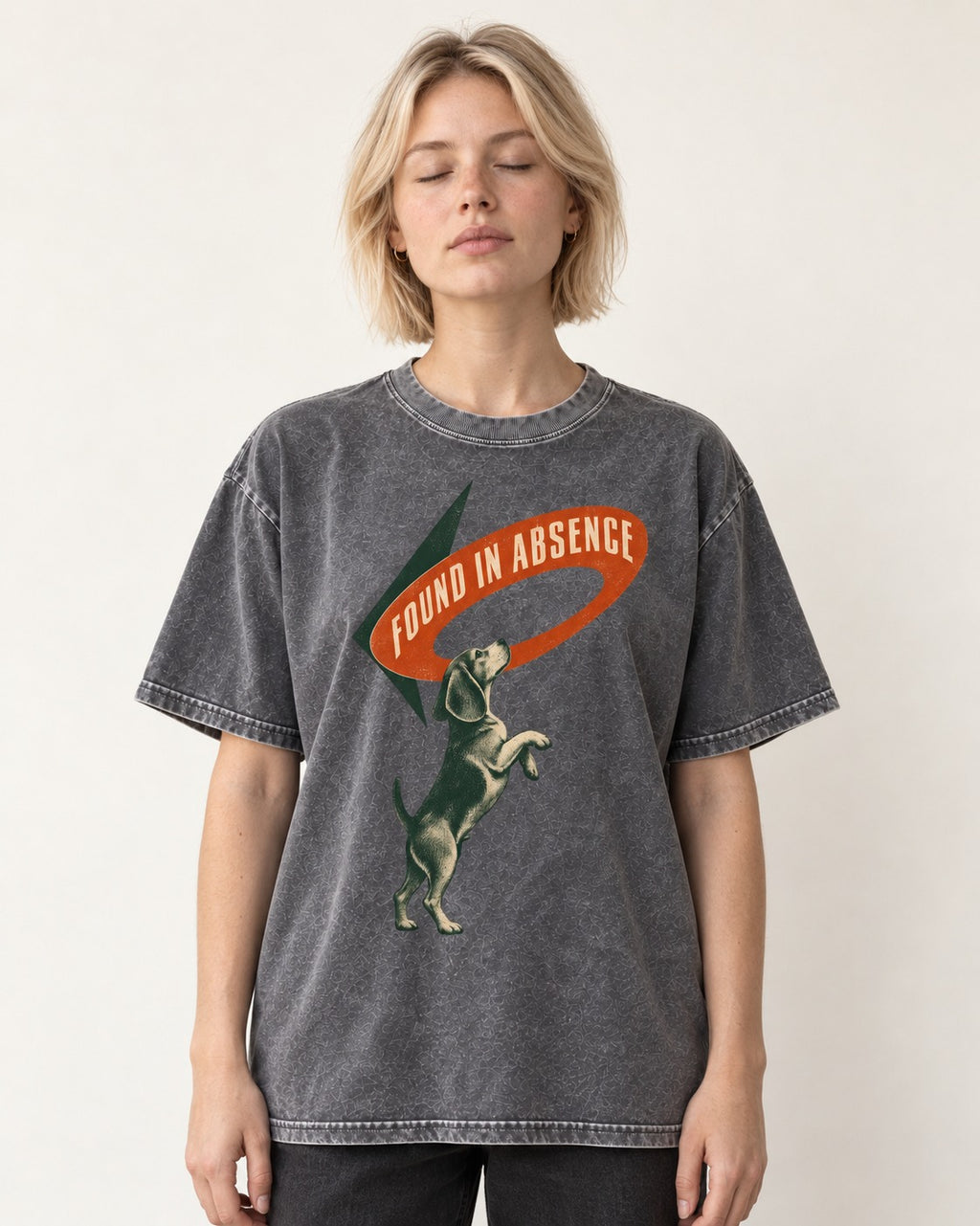 Beagle Found in Absence Washed Tee in Gray, worn by a model
