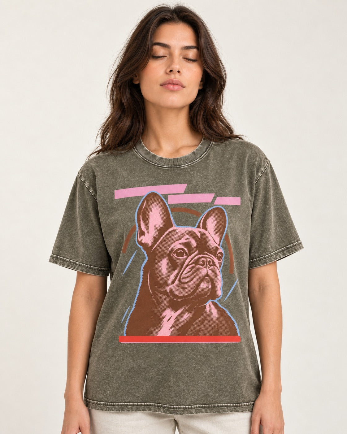 Frenchie Geometric Portrait Graphic Washed Tee in Army Green, worn by a model