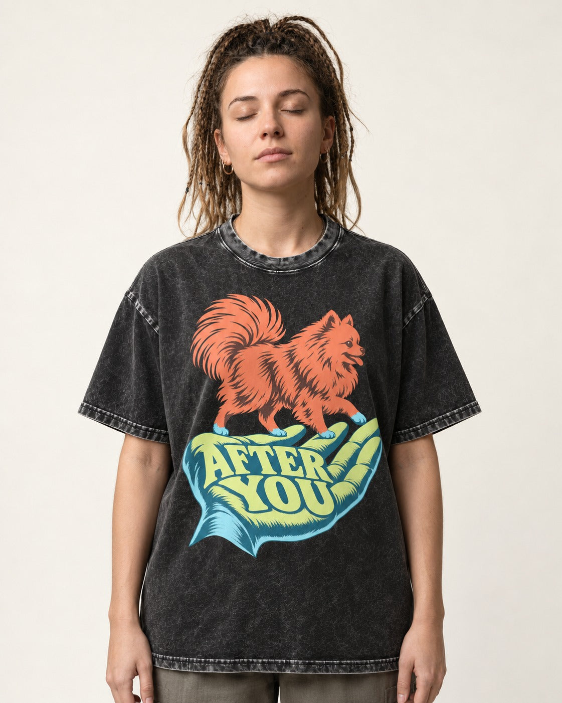 Pomeranian After You Helping Hand Graphic Washed Tee in Black, worn by a model