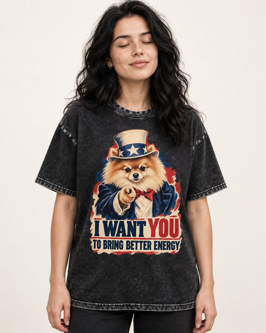 Pomeranian I Want You to Bring Better Energy Uncle Sam Graphic Washed Tee in Black, worn by a model