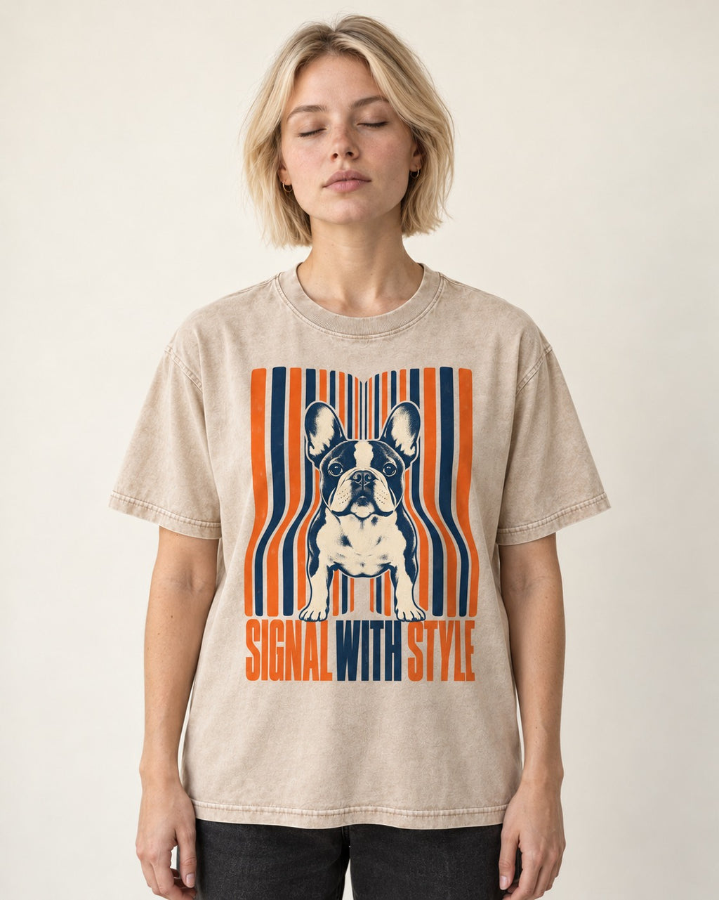 Frenchie Signal Washed Tee in Apricot, worn by a model