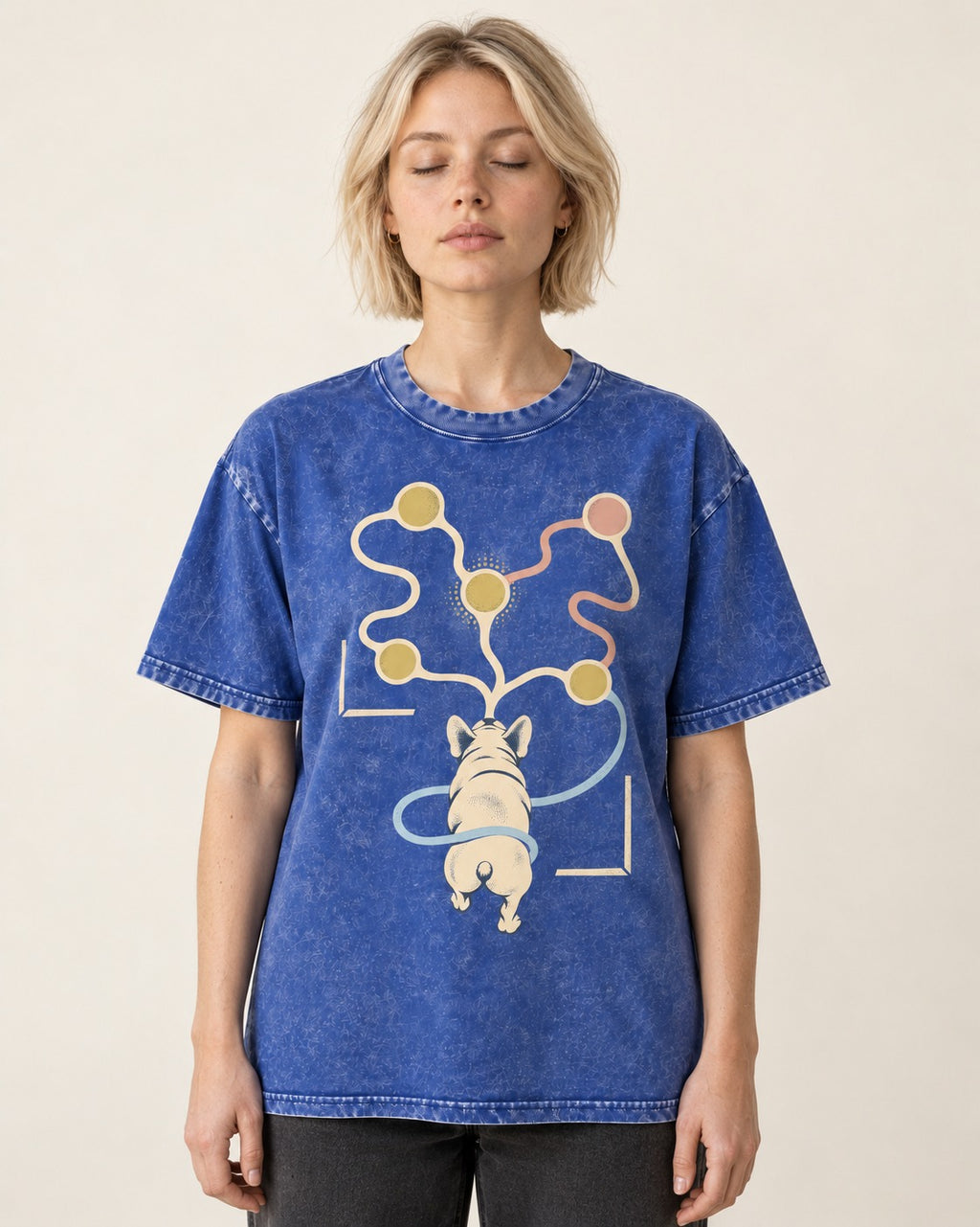 Frenchie Scent Circuit Rear View Graphic Washed Tee in Royal Blue, worn by a model