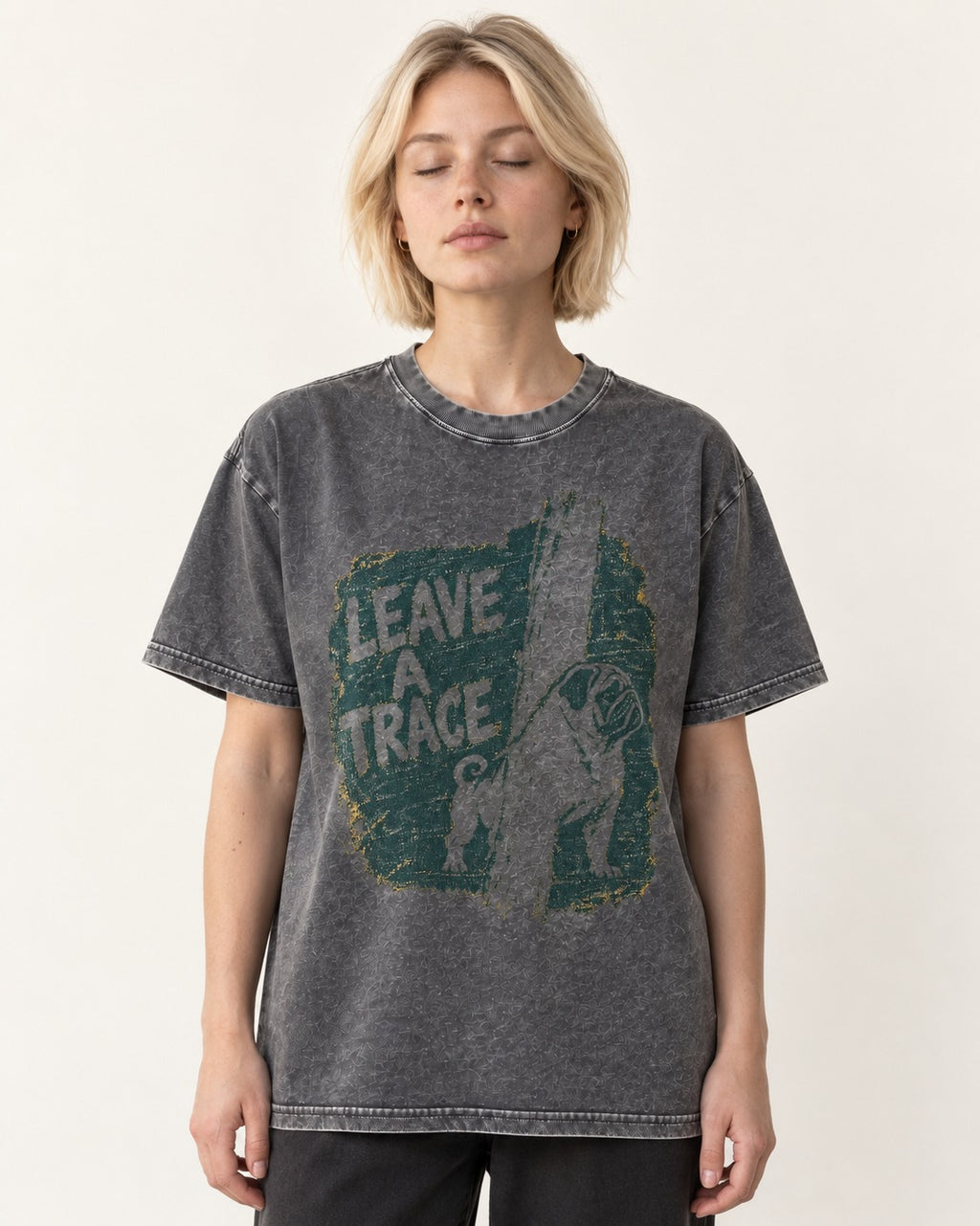 Pug Leaves a Trace Washed Tee in Gray, worn by a model