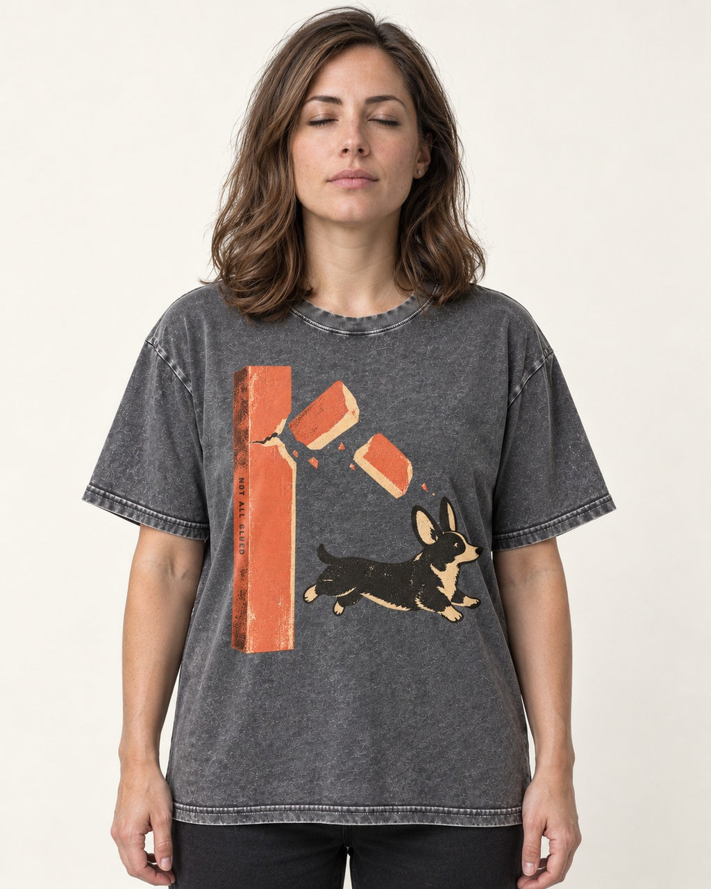 Not All Glued Corgi Washed Tee in Gray, worn by a model