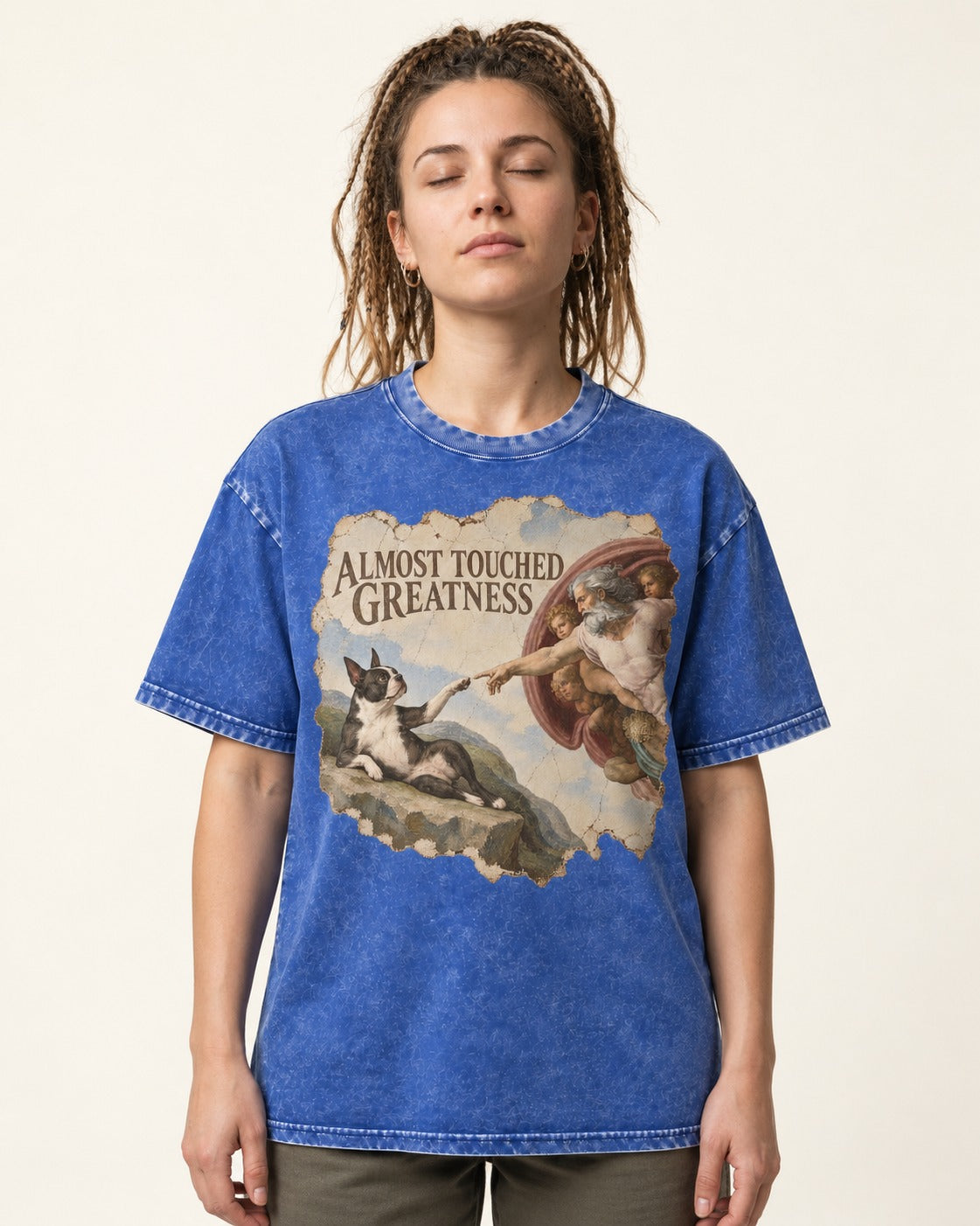 Almost Touched Greatness Boston Terrier Renaissance Parody Washed Tee in Royal Blue, worn by a model