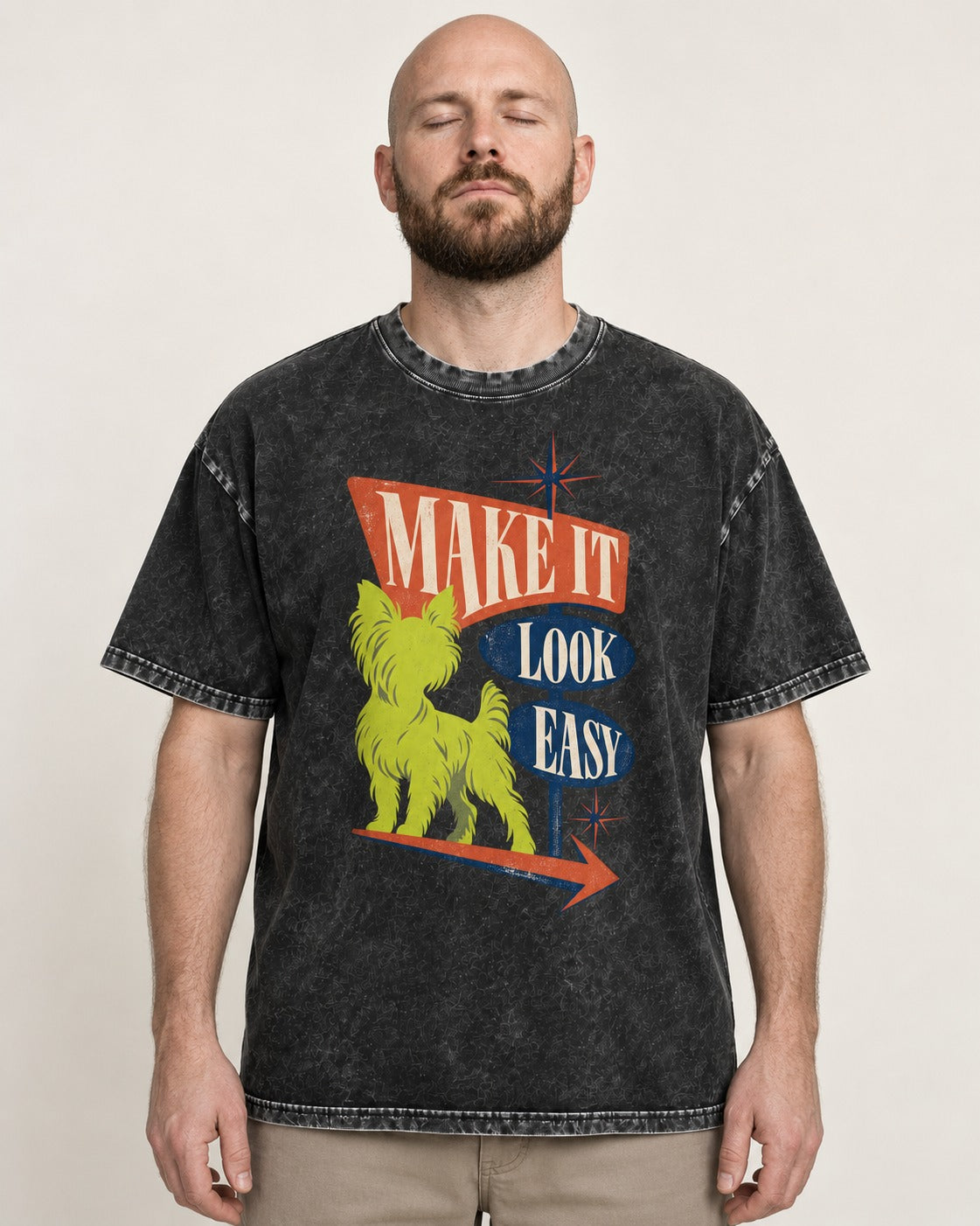 Yorkshire Terrier Make It Look Easy Retro Sign Graphic Washed Tee in Black, worn by a model